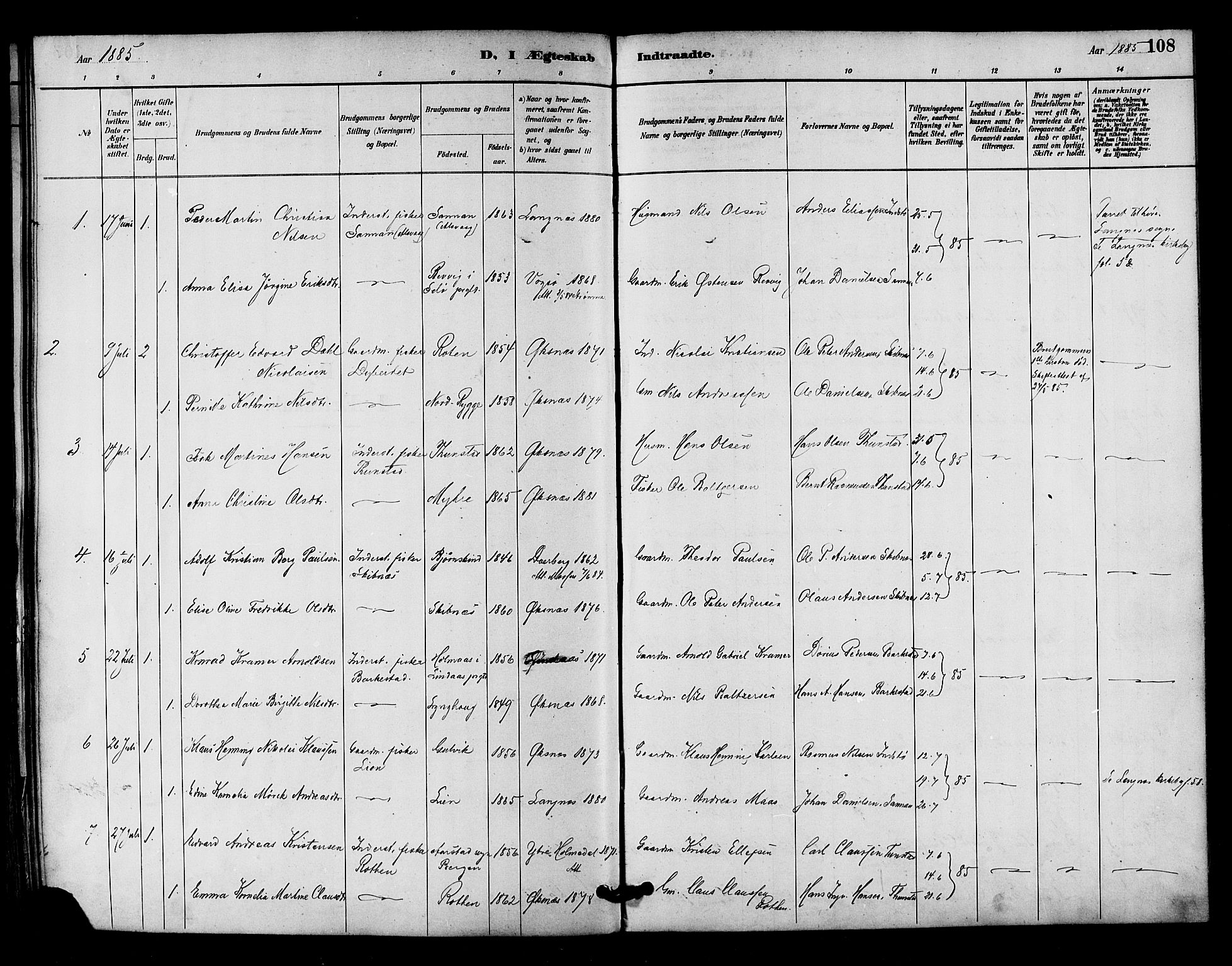 Ministerialprotokoller, klokkerbøker og fødselsregistre - Nordland, AV/SAT-A-1459/893/L1337: Parish register (official) no. 893A09, 1885-1893, p. 108