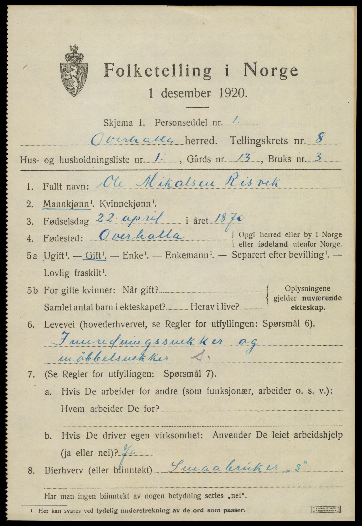 SAT, 1920 census for Overhalla, 1920, p. 5388