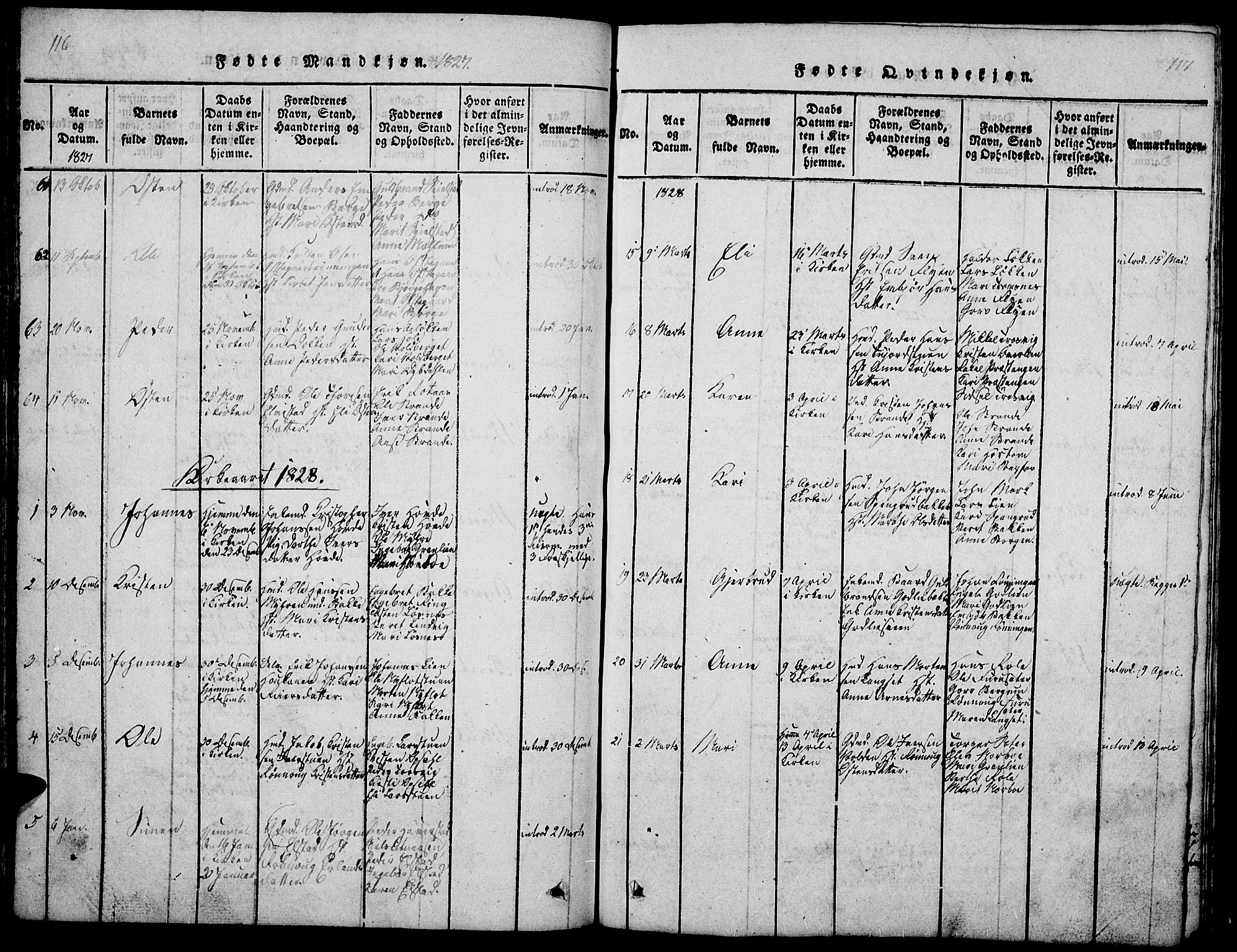 Ringebu prestekontor, SAH/PREST-082/H/Ha/Hab/L0001: Parish register (copy) no. 1, 1821-1839, p. 116-117