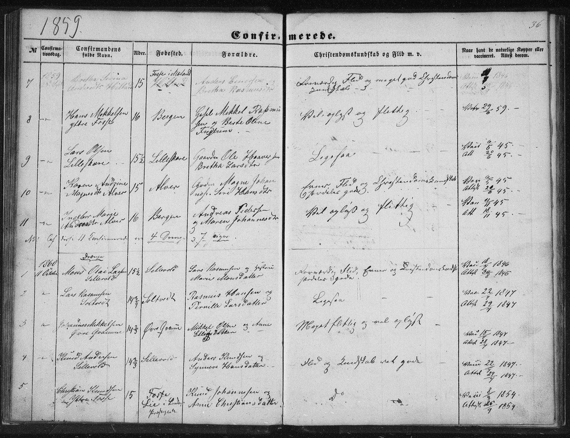 Alversund Sokneprestembete, SAB/A-73901/H/Ha/Hab: Parish register (copy) no. A 1, 1852-1864, p. 36