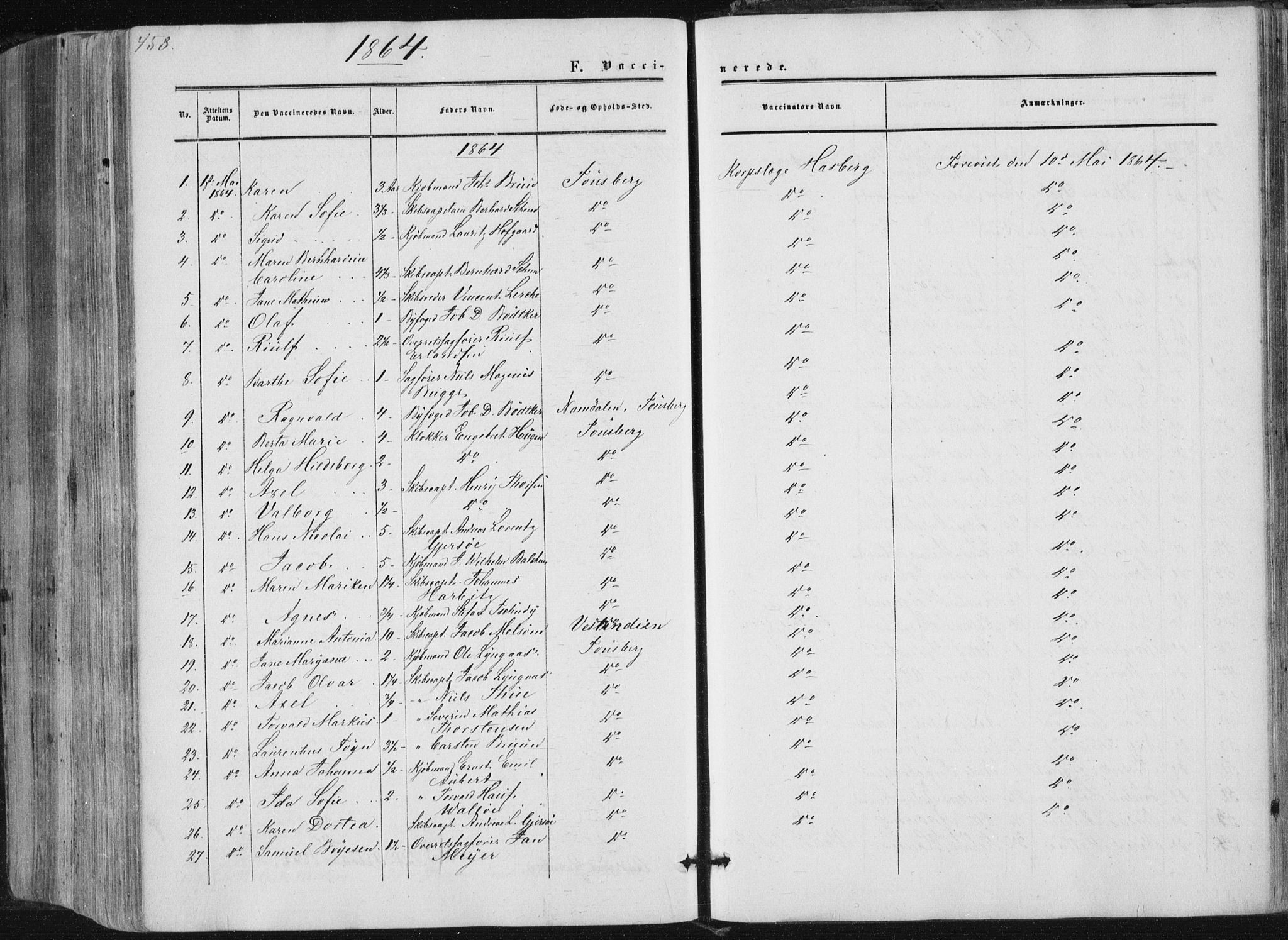 Tønsberg kirkebøker, AV/SAKO-A-330/F/Fa/L0008: Parish register (official) no. I 8, 1855-1864, p. 458