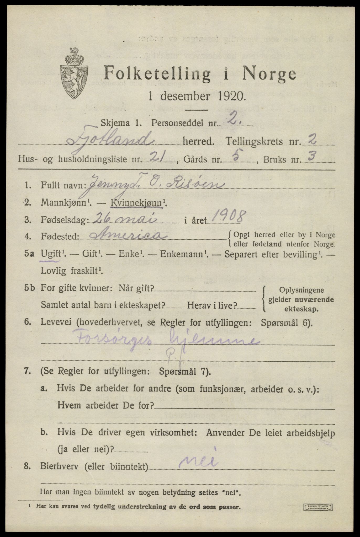 SAK, 1920 census for Fjotland, 1920, p. 906