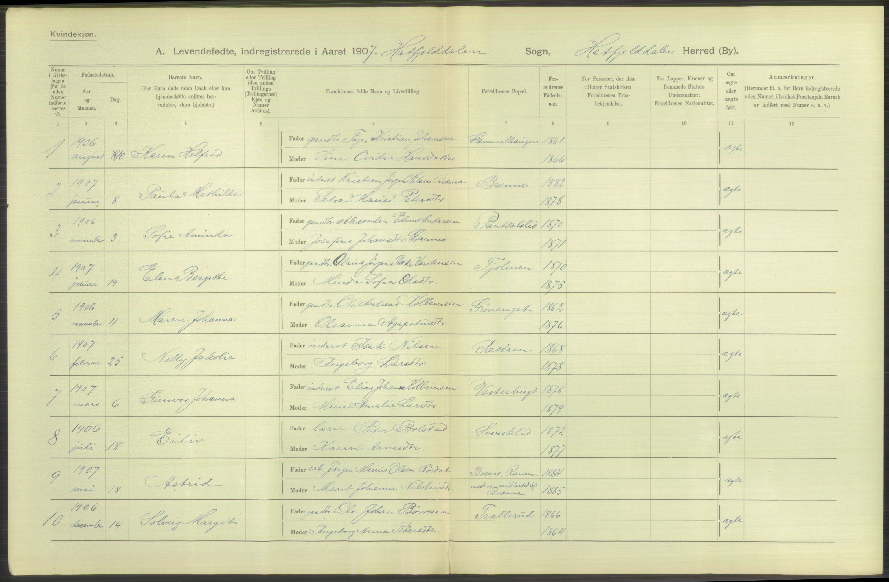 Statistisk sentralbyrå, Sosiodemografiske emner, Befolkning, AV/RA-S-2228/D/Df/Dfa/Dfae/L0043: Nordlands amt: Levendefødte menn og kvinner. Bygder., 1907, p. 373