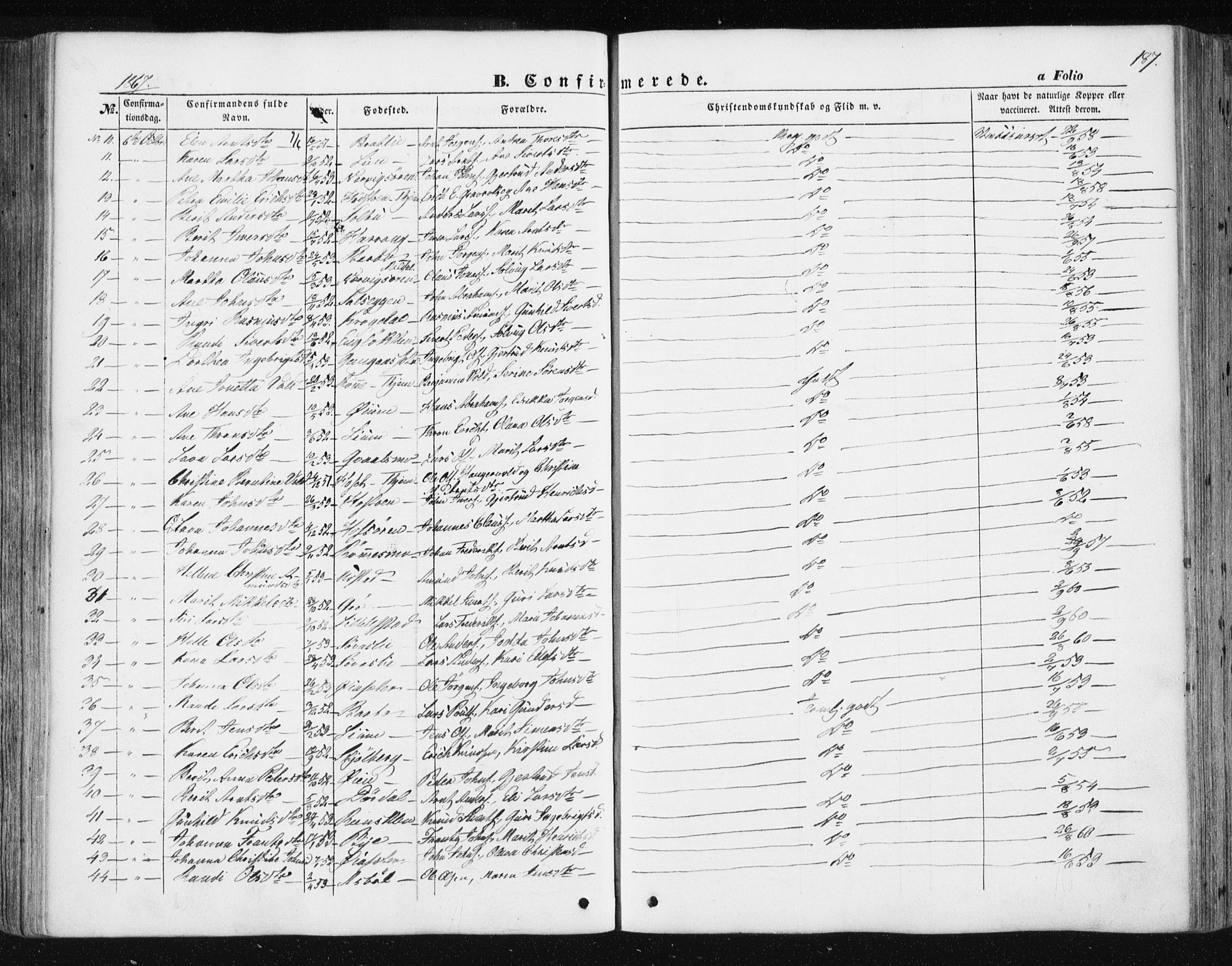 Ministerialprotokoller, klokkerbøker og fødselsregistre - Sør-Trøndelag, SAT/A-1456/668/L0806: Parish register (official) no. 668A06, 1854-1869, p. 187