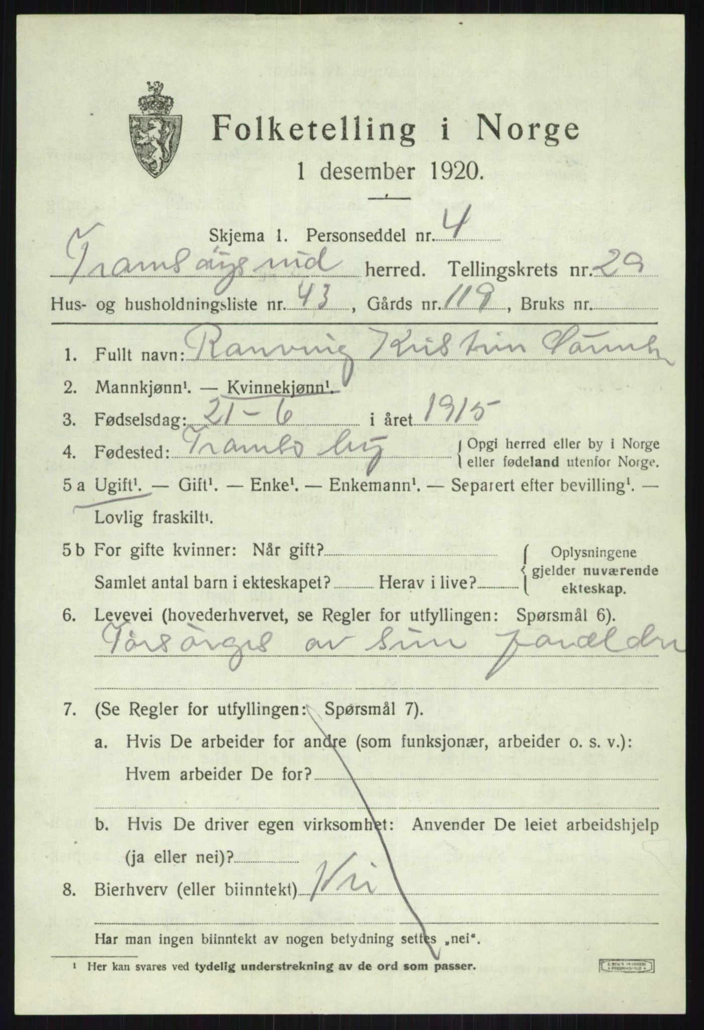 SATØ, 1920 census for Tromsøysund, 1920, p. 13872