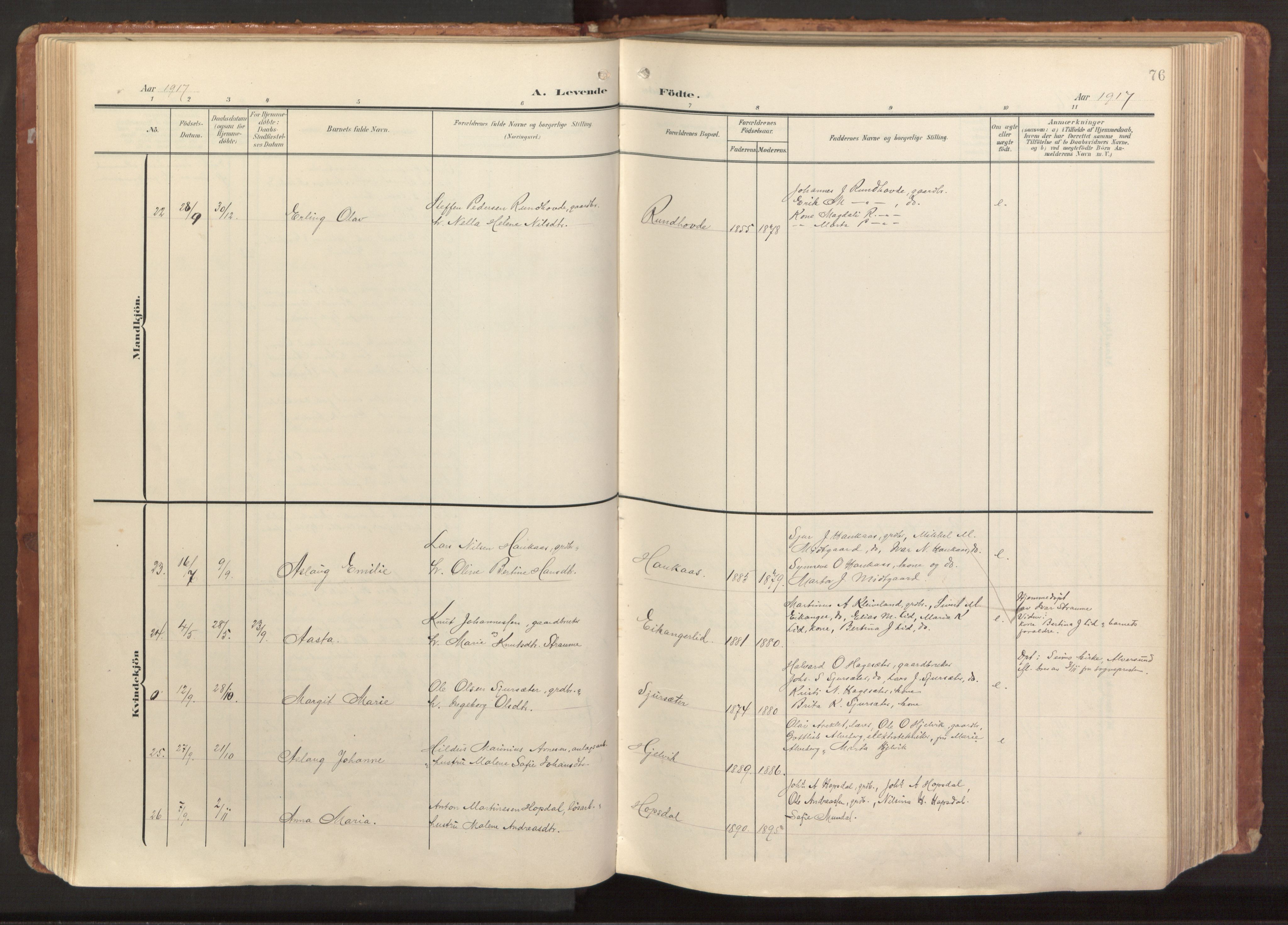 Hamre sokneprestembete, AV/SAB-A-75501/H/Ha/Haa/Haab/L0002: Parish register (official) no. B 2, 1905-1924, p. 76