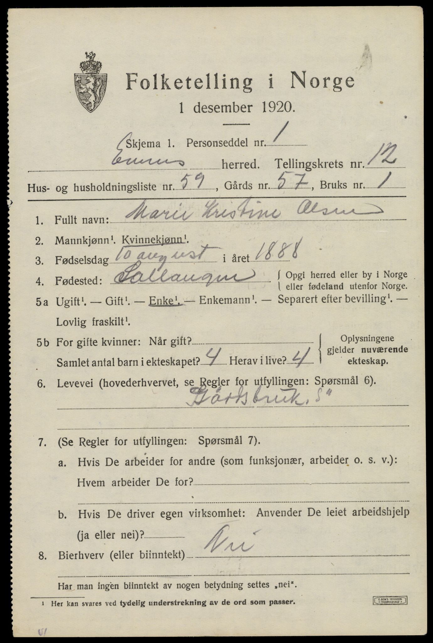 SAT, 1920 census for Evenes, 1920, p. 11820