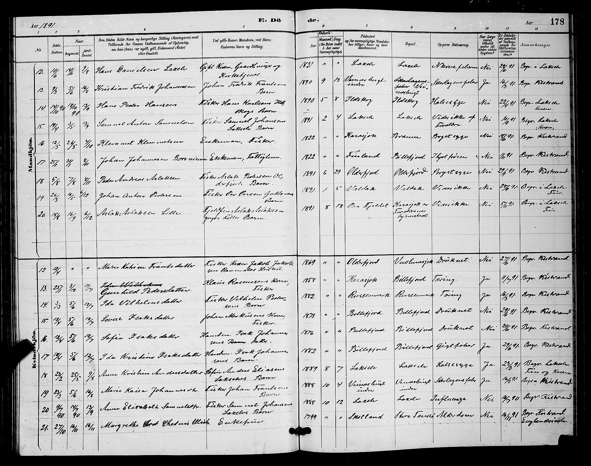 Kistrand/Porsanger sokneprestembete, AV/SATØ-S-1351/H/Hb/L0004.klokk: Parish register (copy) no. 4, 1885-1894, p. 178