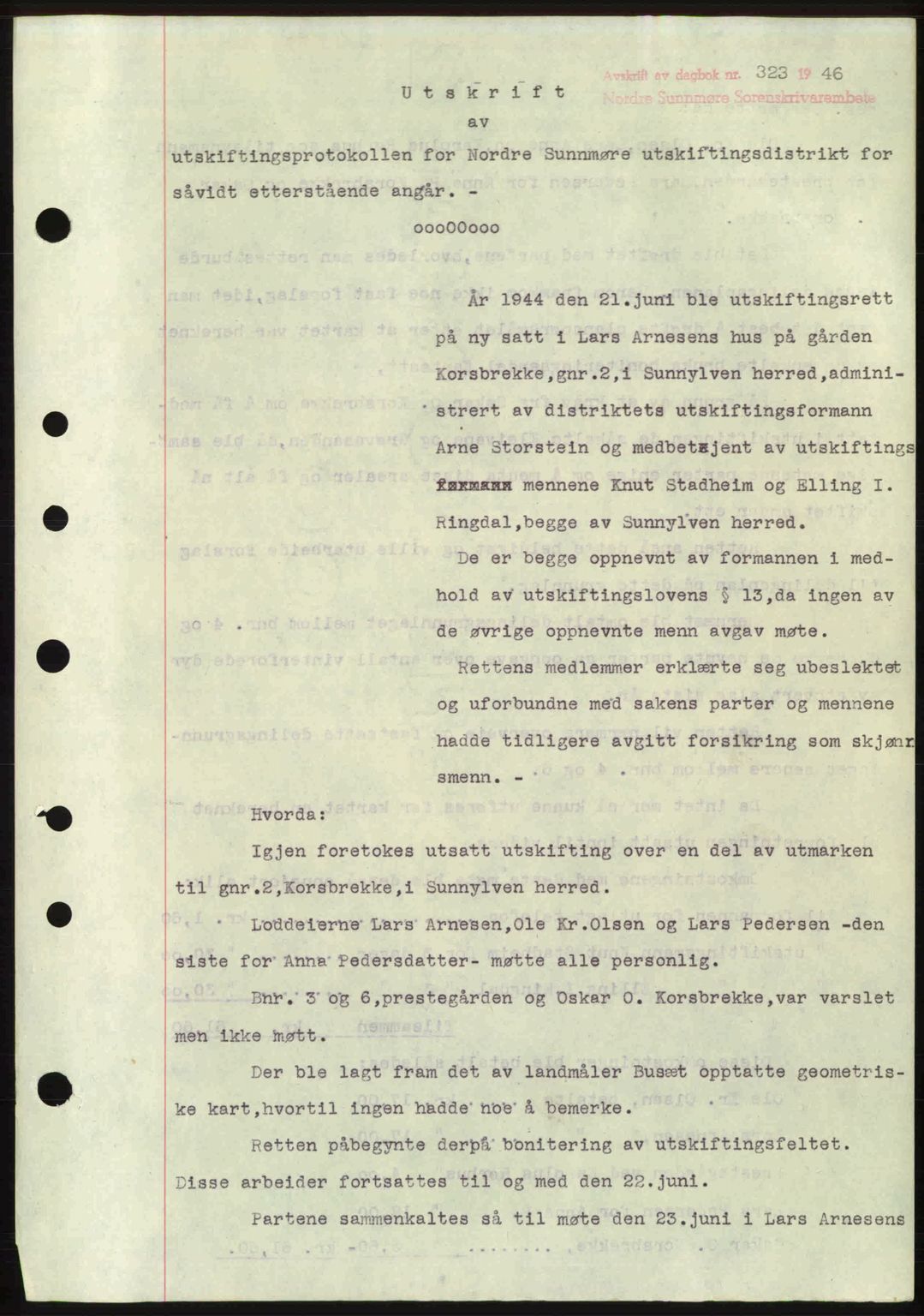 Nordre Sunnmøre sorenskriveri, AV/SAT-A-0006/1/2/2C/2Ca: Mortgage book no. A20b, 1946-1946, Diary no: : 323/1946