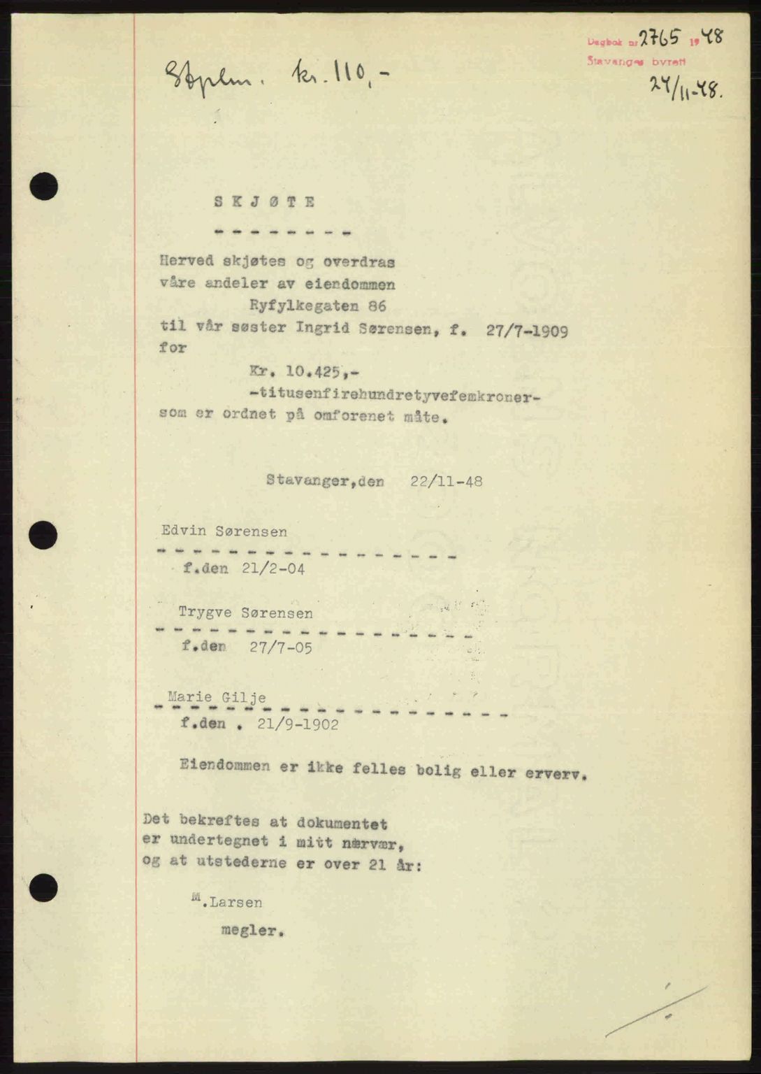 Stavanger byrett, SAST/A-100455/002/G/Gb/L0023: Mortgage book no. A12, 1948-1949, Diary no: : 2765/1948