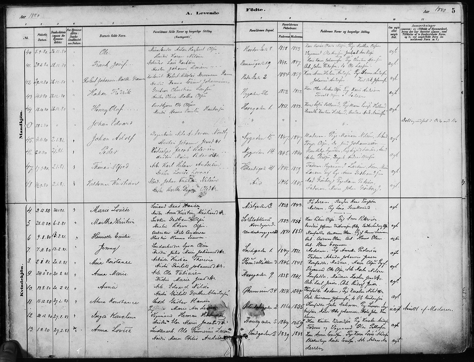 Kampen prestekontor Kirkebøker, AV/SAO-A-10853/F/Fa/L0001: Parish register (official) no. I 1, 1880-1886, p. 5