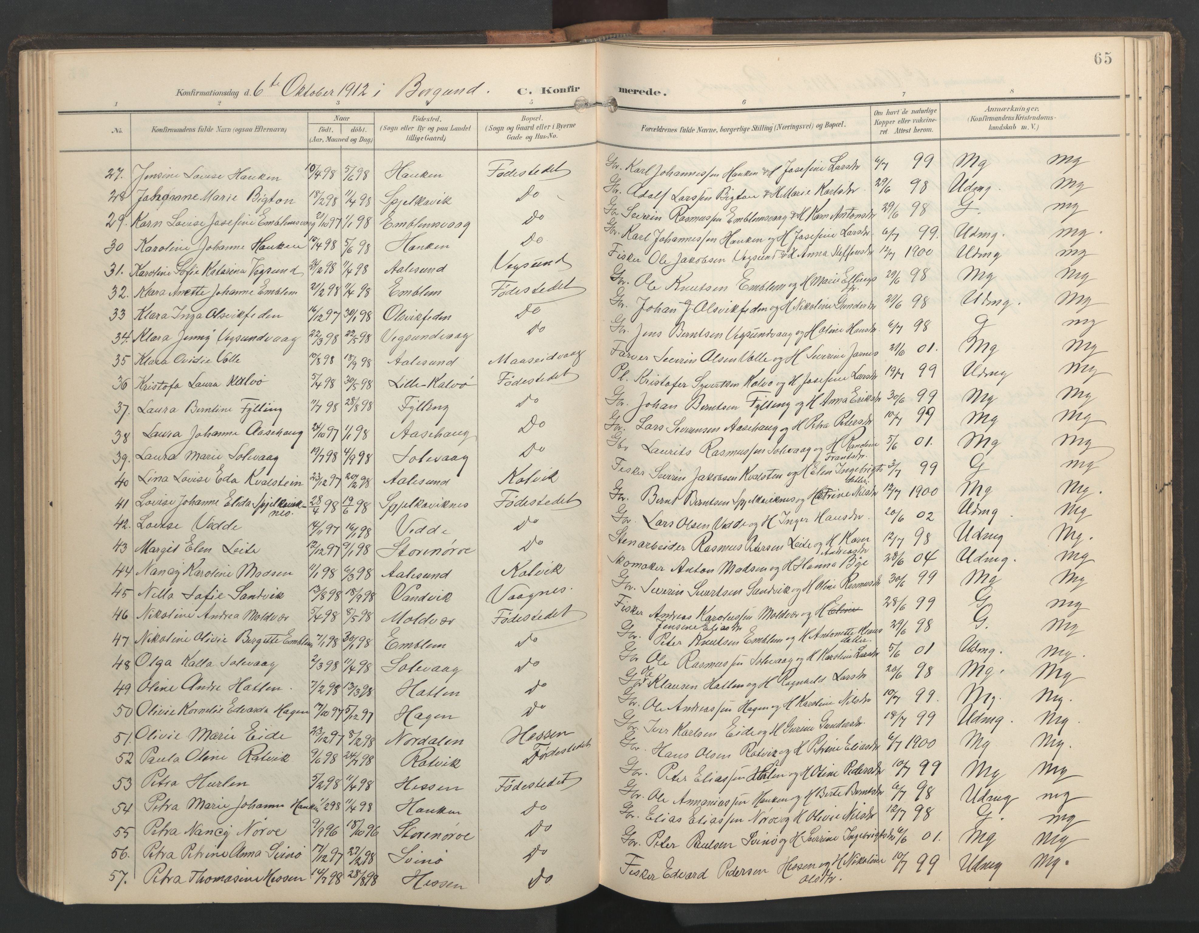 Ministerialprotokoller, klokkerbøker og fødselsregistre - Møre og Romsdal, AV/SAT-A-1454/528/L0433: Parish register (copy) no. 528C14, 1899-1922, p. 65