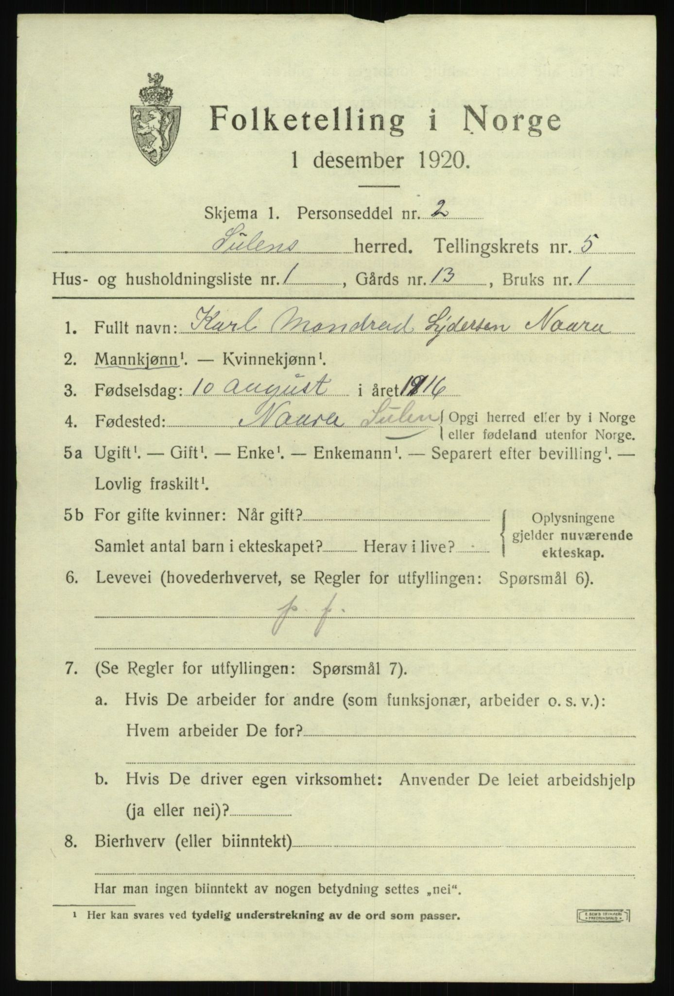 SAB, 1920 census for Solund, 1920, p. 2226