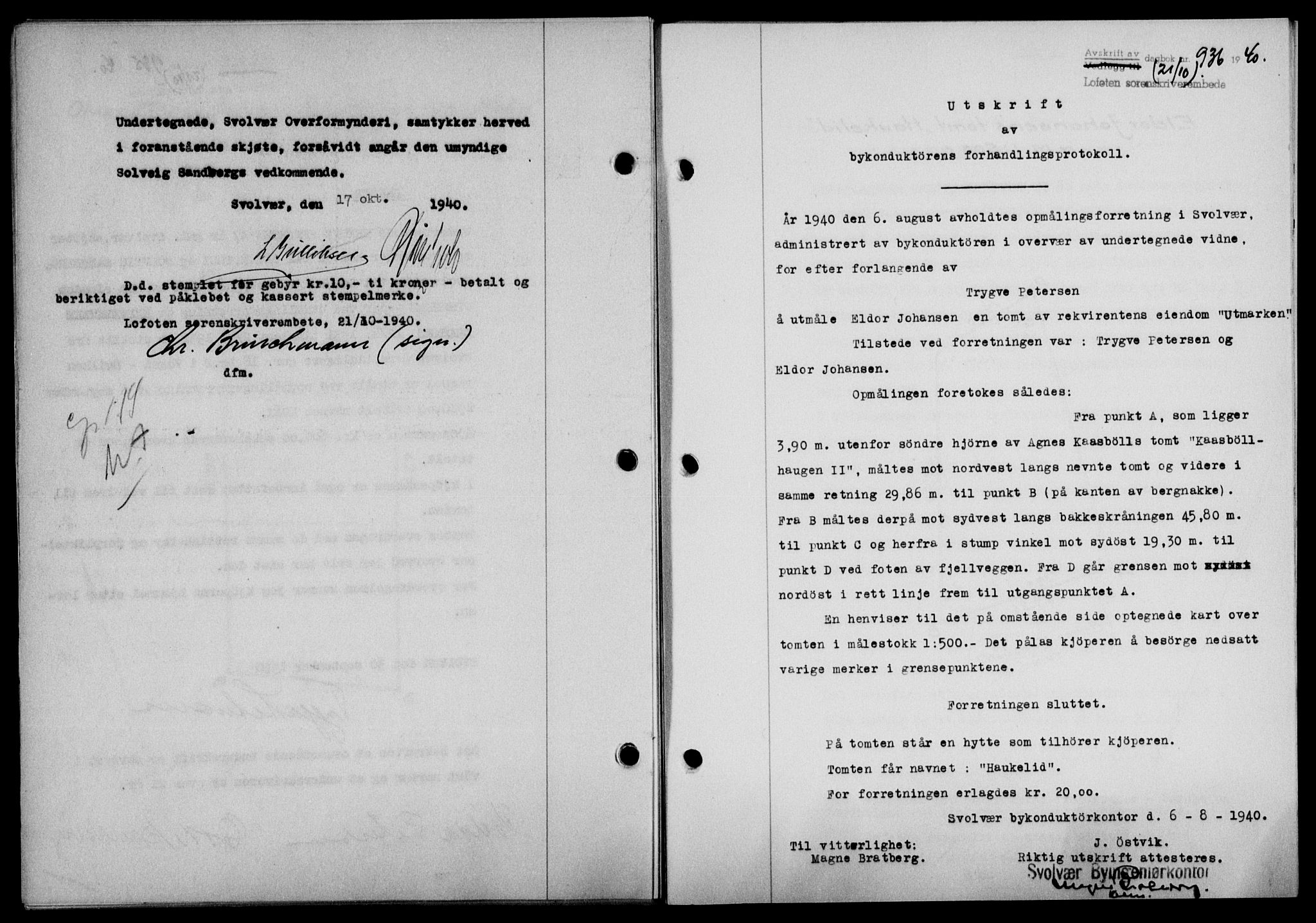 Lofoten sorenskriveri, SAT/A-0017/1/2/2C/L0007a: Mortgage book no. 7a, 1939-1940, Diary no: : 936/1940