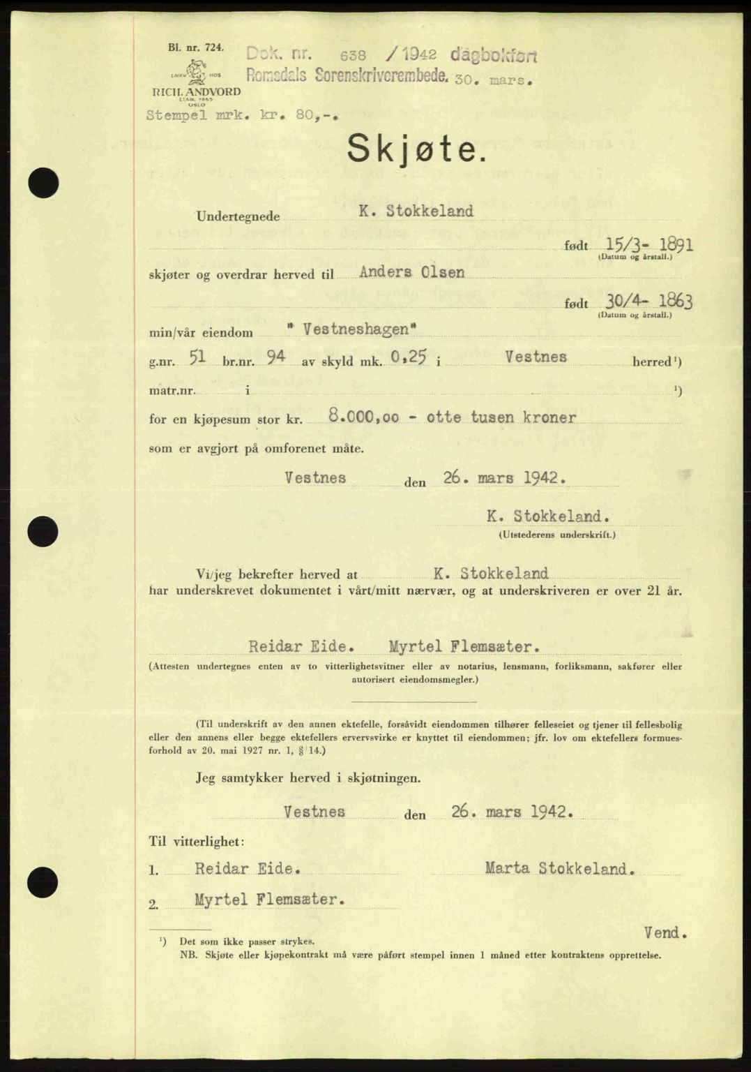 Romsdal sorenskriveri, AV/SAT-A-4149/1/2/2C: Mortgage book no. A12, 1942-1942, Diary no: : 638/1942