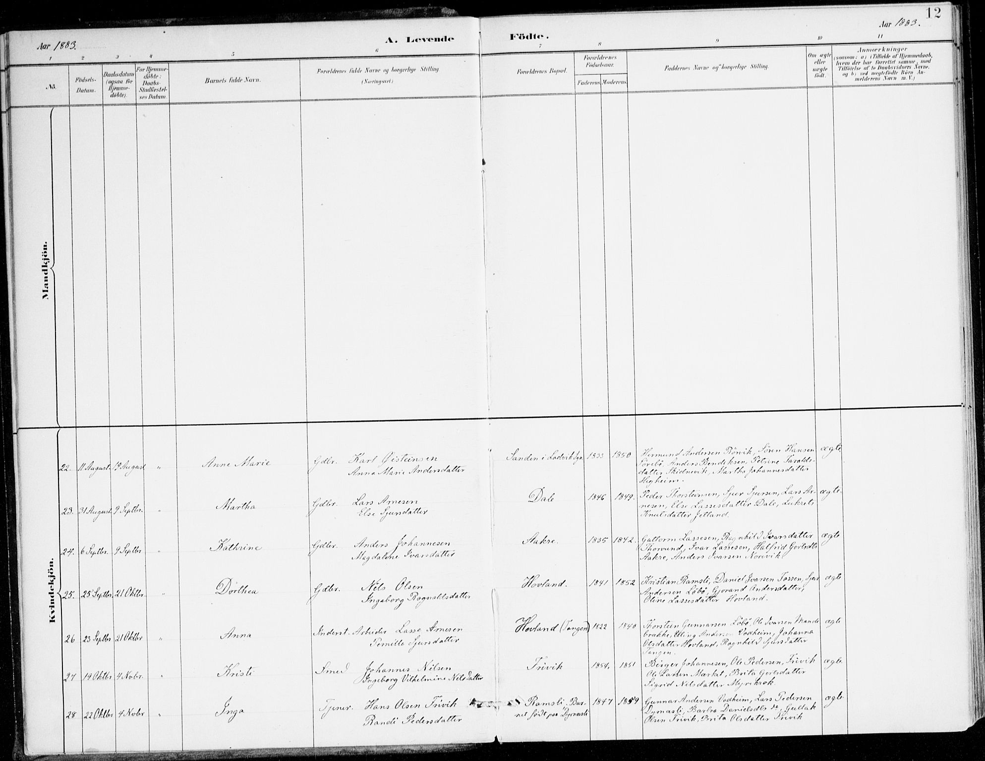 Lavik sokneprestembete, AV/SAB-A-80901: Parish register (official) no. C 1, 1882-1904, p. 12