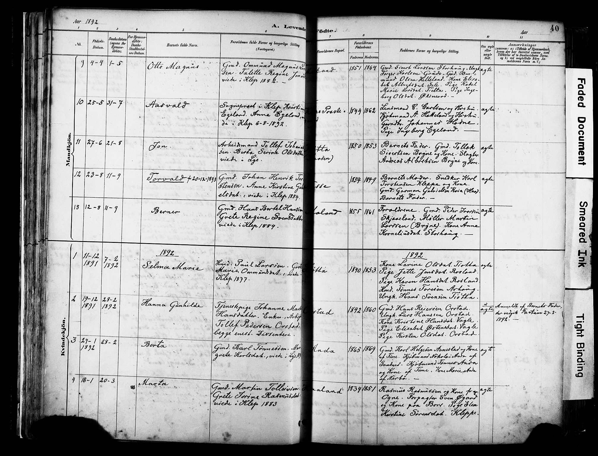 Klepp sokneprestkontor, SAST/A-101803/001/3/30BA/L0009: Parish register (official) no. A 7, 1886-1915, p. 40