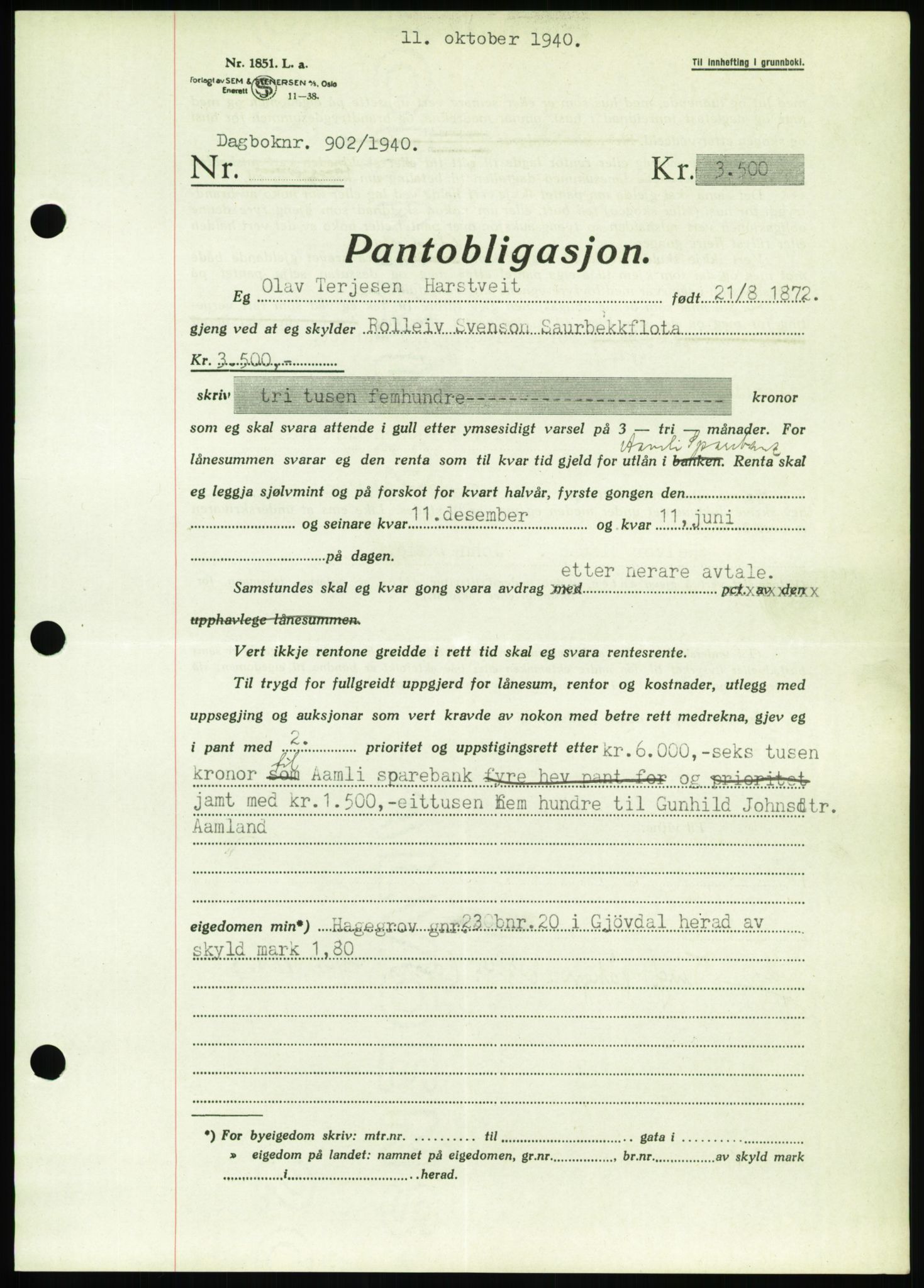 Nedenes sorenskriveri, AV/SAK-1221-0006/G/Gb/Gbb/L0001: Mortgage book no. I, 1939-1942, Diary no: : 902/1940