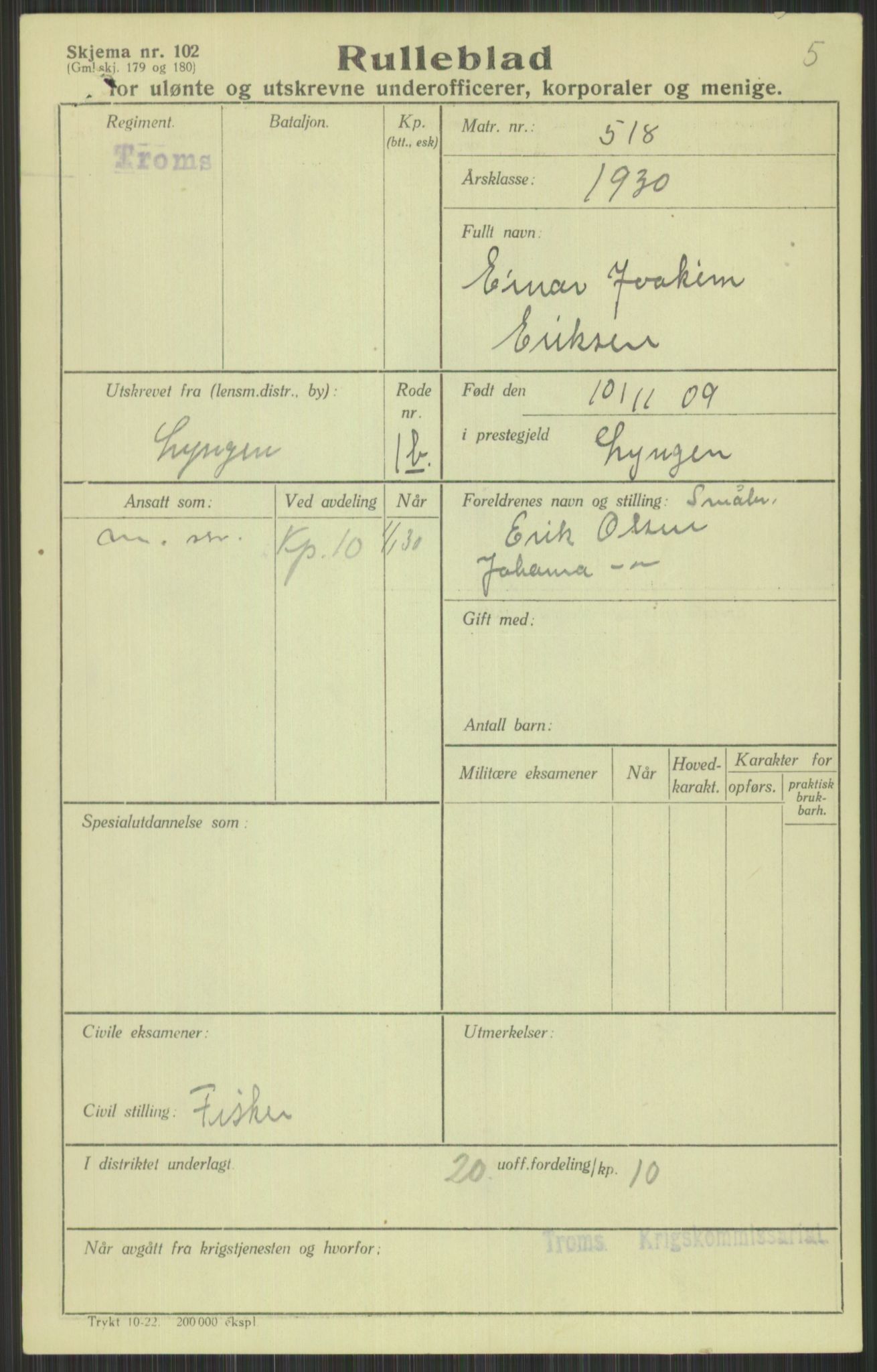 Forsvaret, Troms infanteriregiment nr. 16, AV/RA-RAFA-3146/P/Pa/L0014: Rulleblad for regimentets menige mannskaper, årsklasse 1930, 1930, p. 125