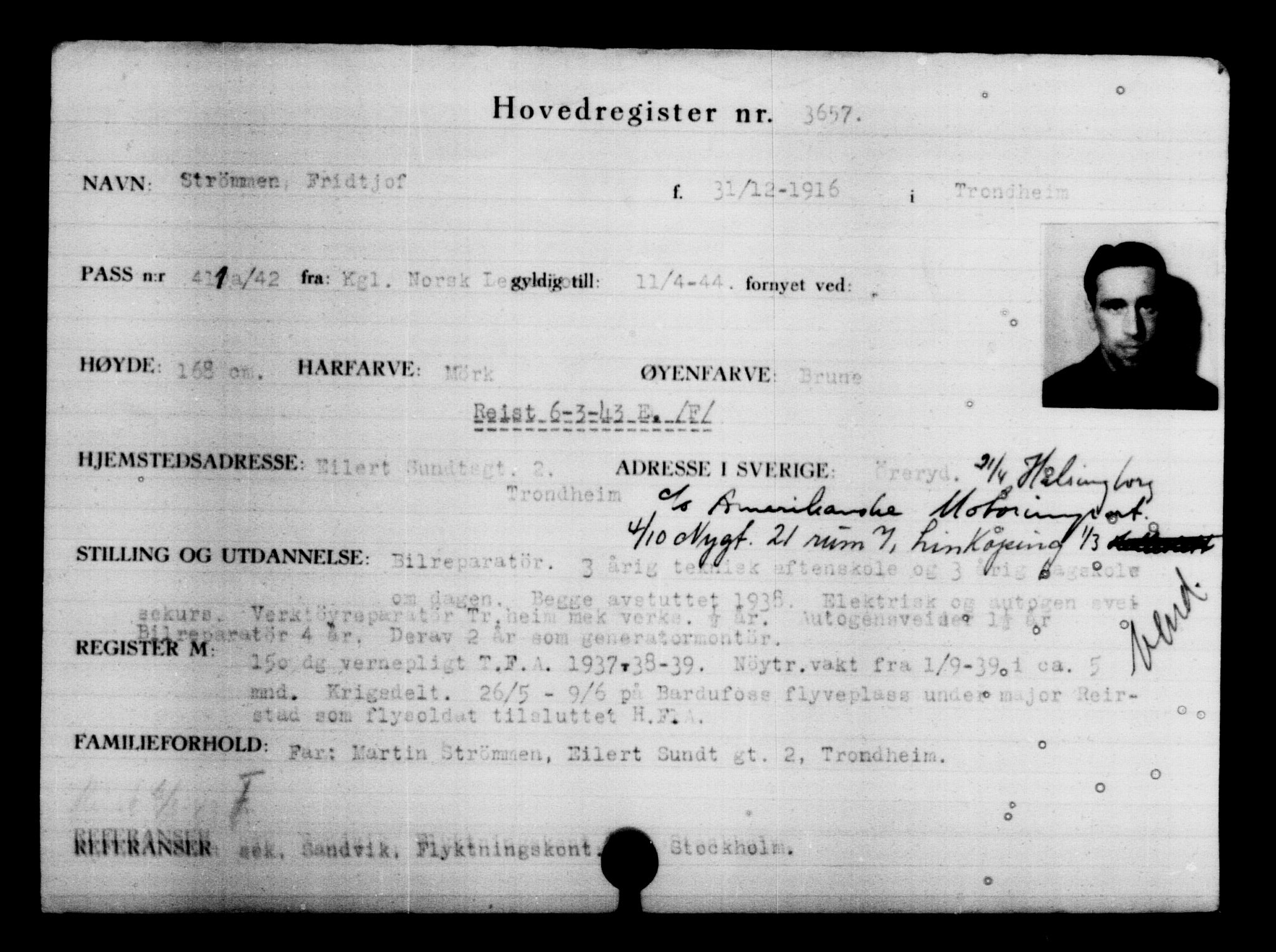 Utenriksstasjonene, Legasjonen i Stockholm, Flyktningkontoret, AV/RA-S-6753/V/Va/L0004: Kjesäterkartoteket, flyktninger med registreringsnr. 3496-6610, 1940-1945, p. 184