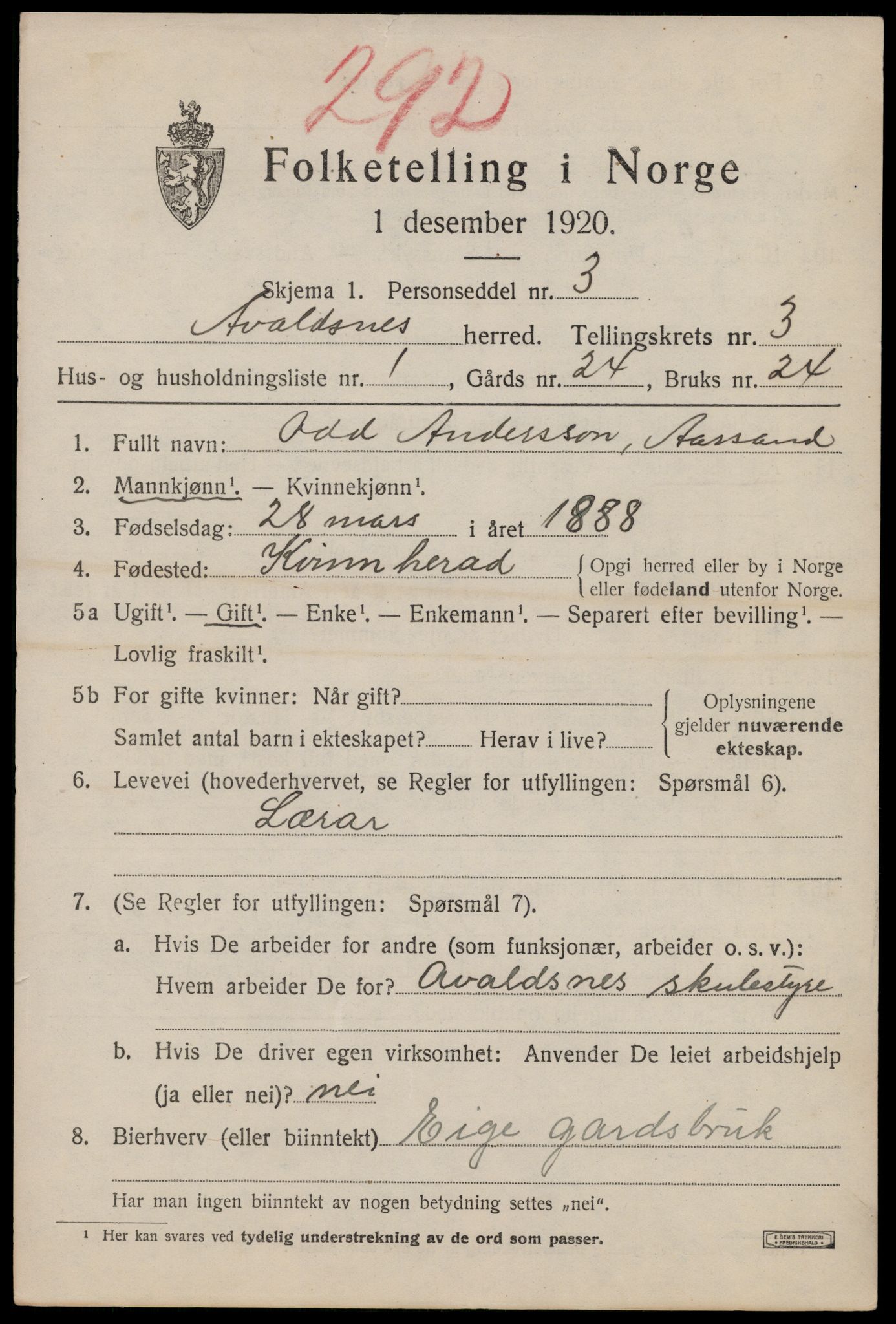 SAST, 1920 census for Avaldsnes, 1920, p. 2851