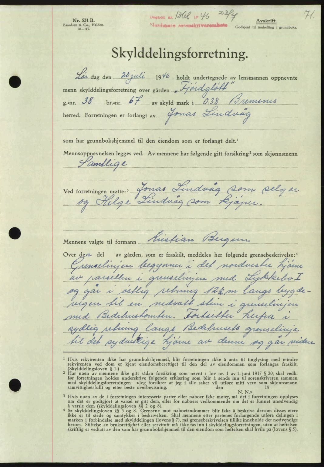 Nordmøre sorenskriveri, AV/SAT-A-4132/1/2/2Ca: Mortgage book no. A102, 1946-1946, Diary no: : 1366/1946