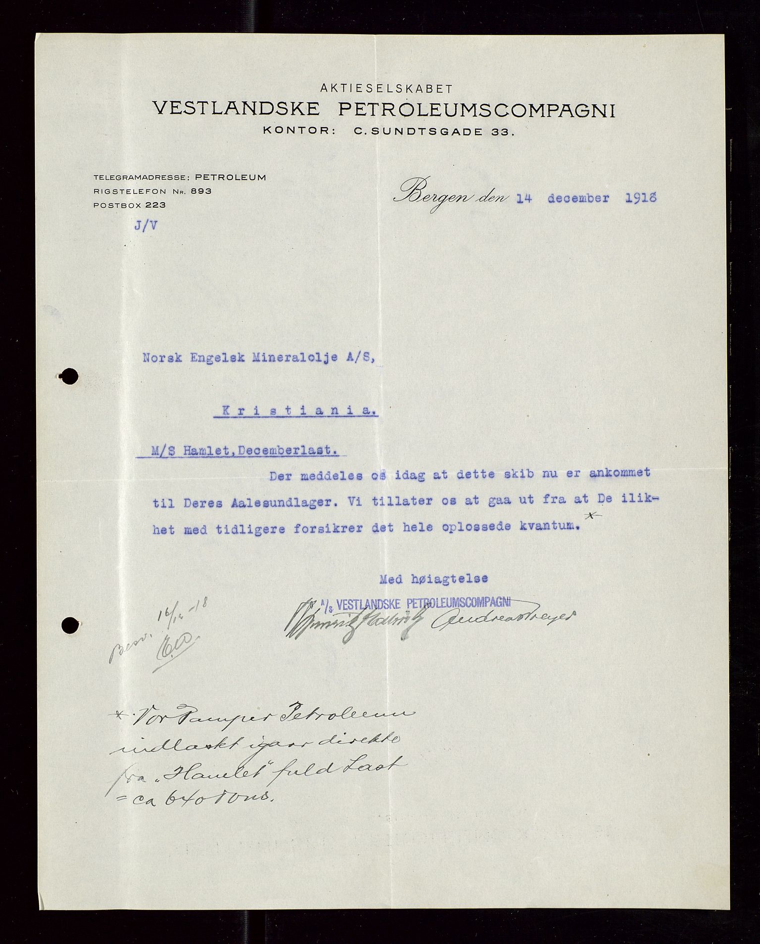 Pa 1521 - A/S Norske Shell, AV/SAST-A-101915/E/Ea/Eaa/L0006: Sjefskorrespondanse, 1918, p. 400