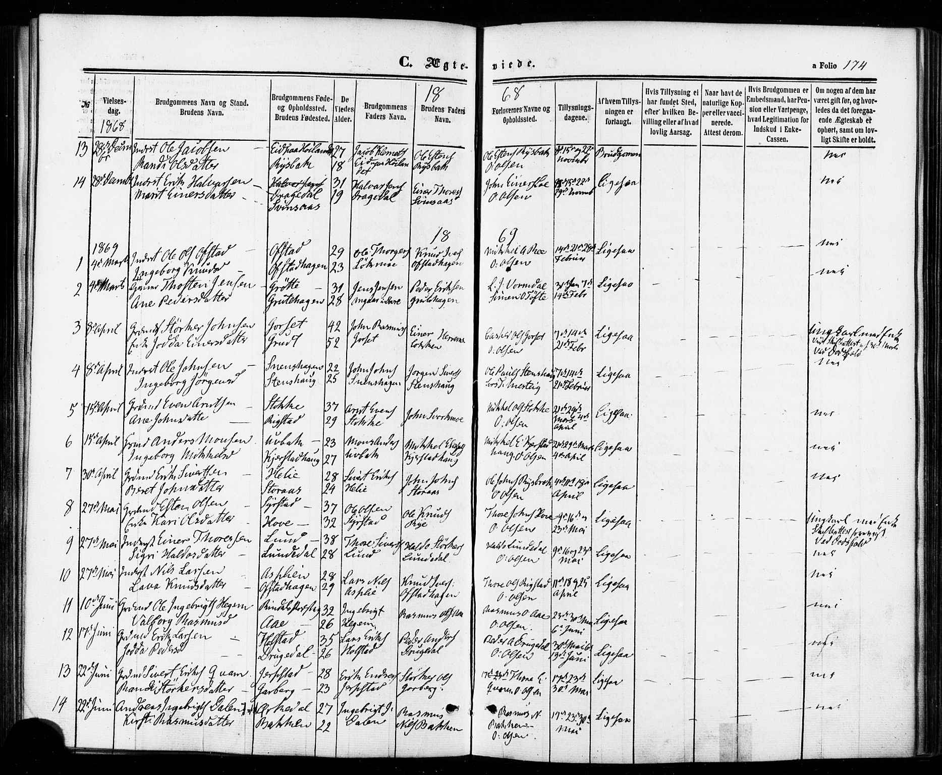Ministerialprotokoller, klokkerbøker og fødselsregistre - Sør-Trøndelag, SAT/A-1456/672/L0856: Parish register (official) no. 672A08, 1861-1881, p. 174