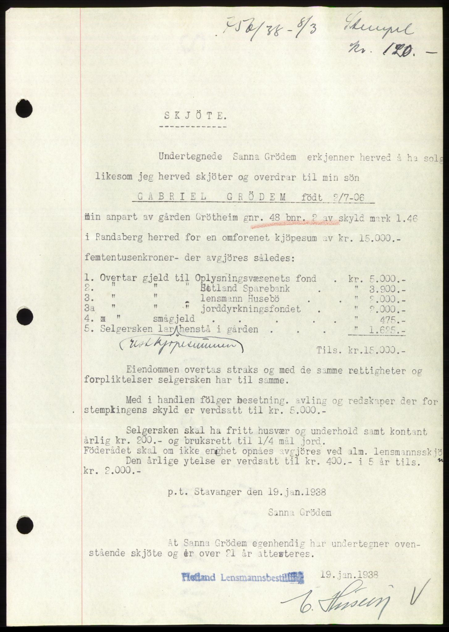 Jæren sorenskriveri, SAST/A-100310/03/G/Gba/L0070: Mortgage book, 1938-1938, Diary no: : 756/1938