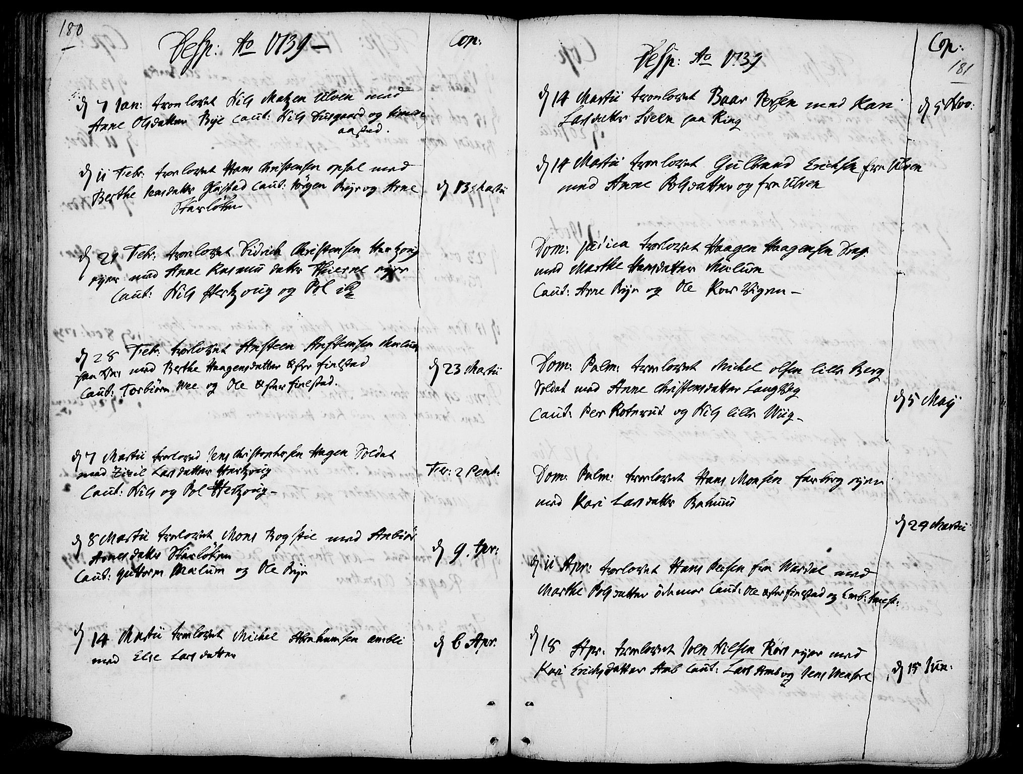 Ringsaker prestekontor, SAH/PREST-014/K/Ka/L0001: Parish register (official) no. 1, 1734-1746, p. 180-181