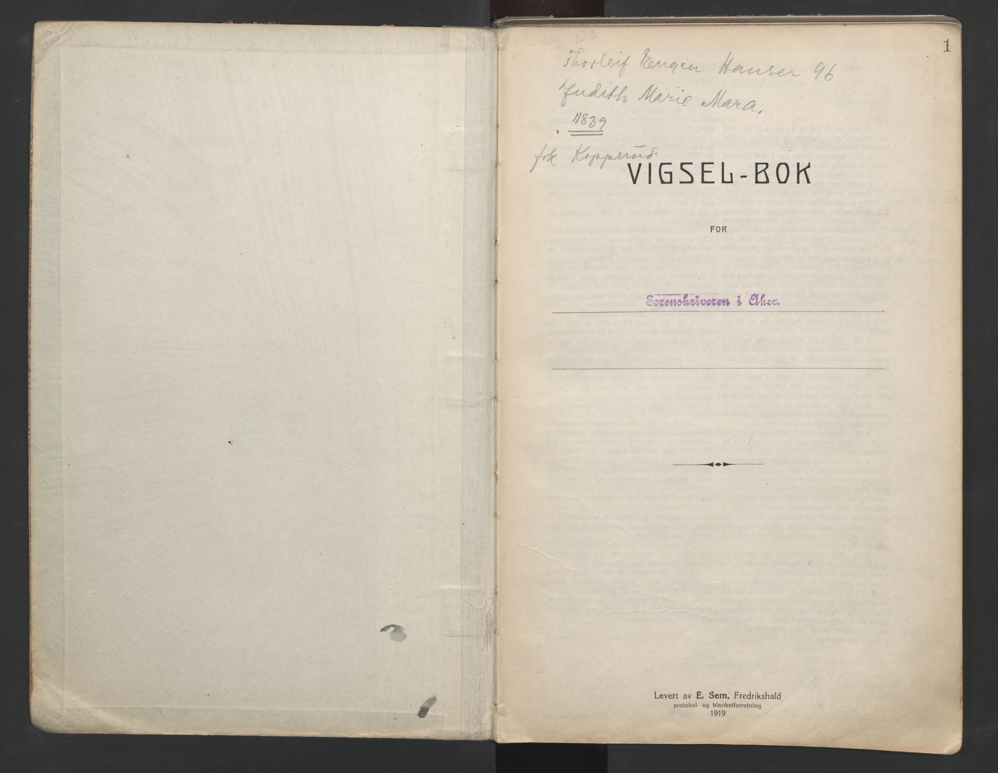 Aker sorenskriveri, AV/SAO-A-10895/L/Lc/Lcb/L0001: Vigselprotokoll, 1920-1922, p. 1