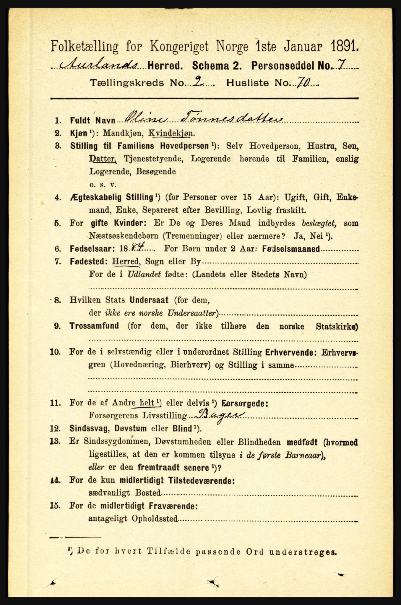 RA, 1891 census for 1421 Aurland, 1891, p. 871