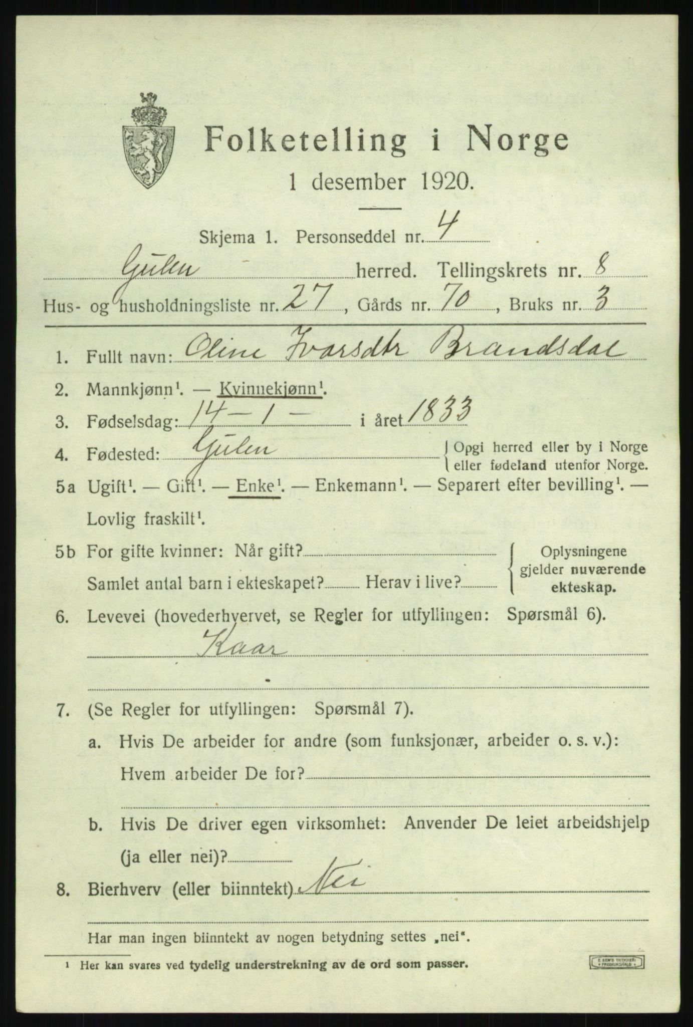 SAB, 1920 census for Gulen, 1920, p. 3863