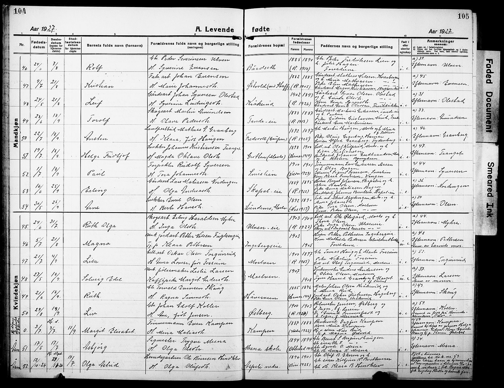 Ringsaker prestekontor, AV/SAH-PREST-014/L/La/L0019: Parish register (copy) no. 19, 1923-1933, p. 104-105