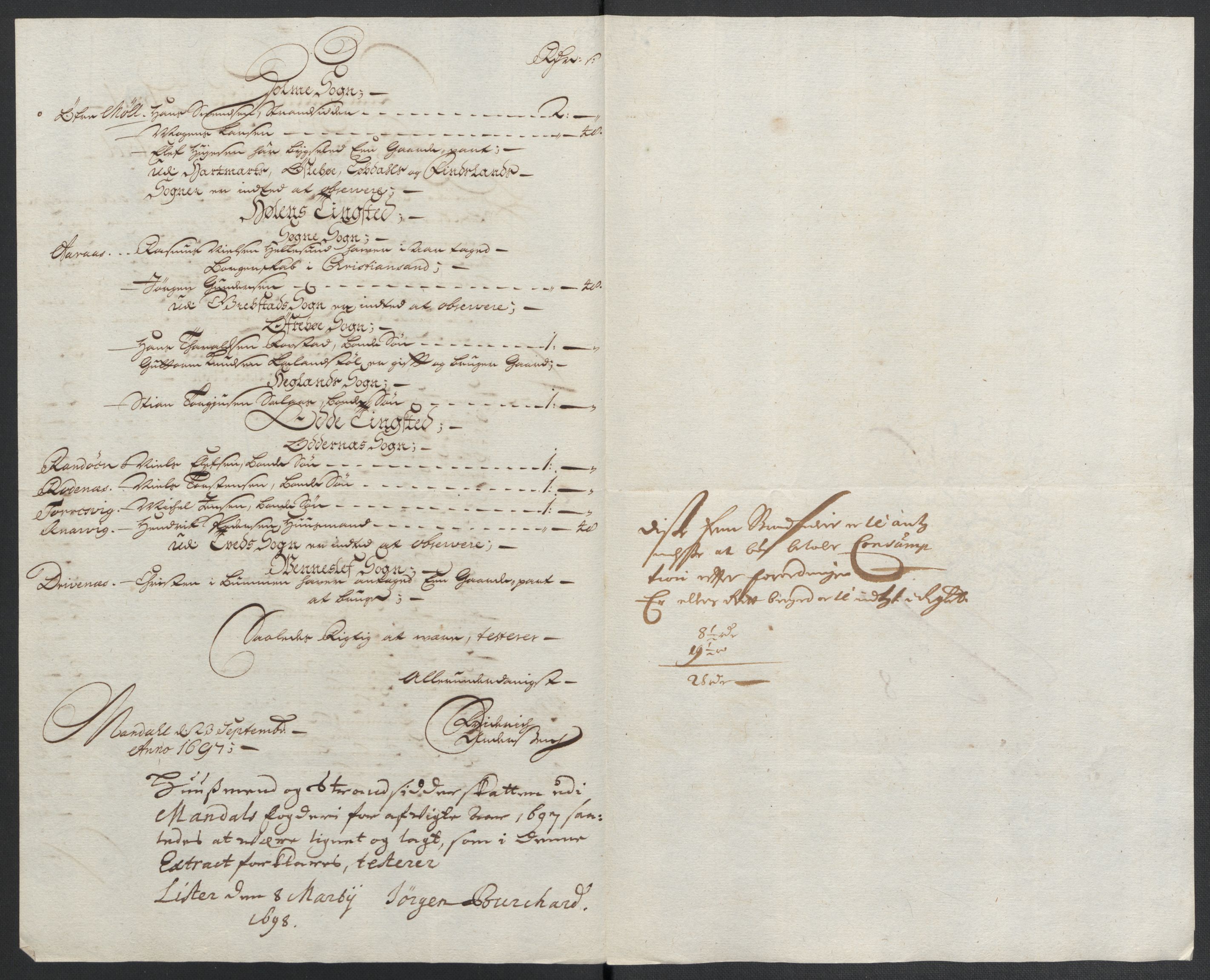 Rentekammeret inntil 1814, Reviderte regnskaper, Fogderegnskap, AV/RA-EA-4092/R43/L2546: Fogderegnskap Lista og Mandal, 1696-1697, p. 226