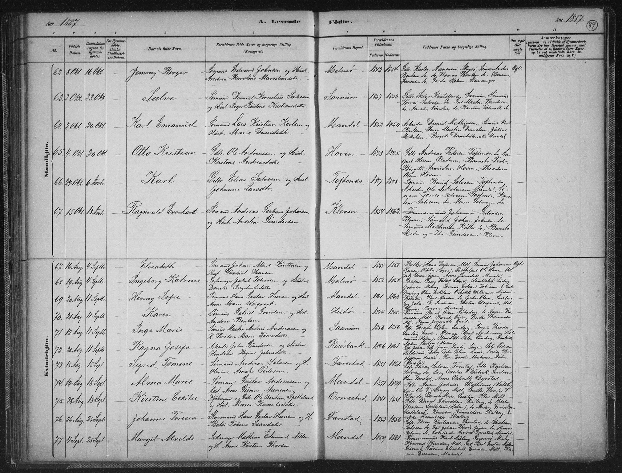 Mandal sokneprestkontor, SAK/1111-0030/F/Fb/Fba/L0011: Parish register (copy) no. B 5, 1880-1898, p. 89