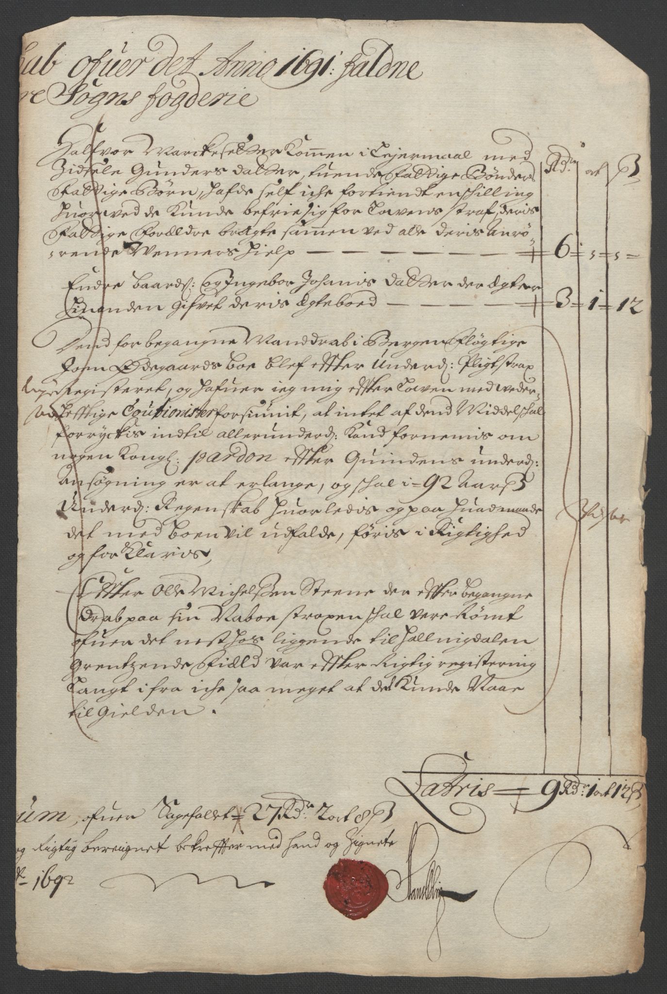 Rentekammeret inntil 1814, Reviderte regnskaper, Fogderegnskap, AV/RA-EA-4092/R52/L3306: Fogderegnskap Sogn, 1691-1692, p. 95