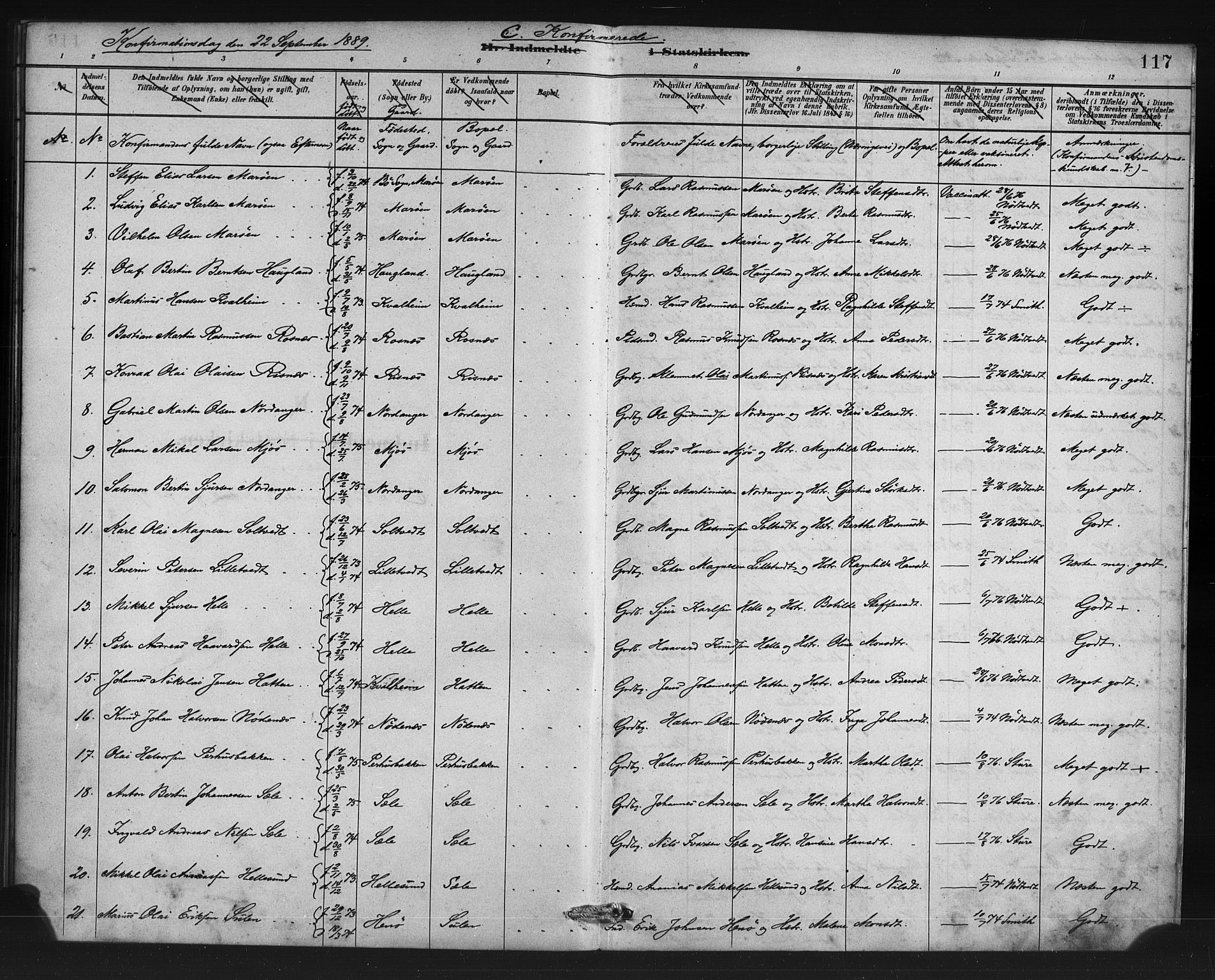 Manger sokneprestembete, SAB/A-76801/H/Haa: Parish register (official) no. C 1, 1881-1890, p. 117
