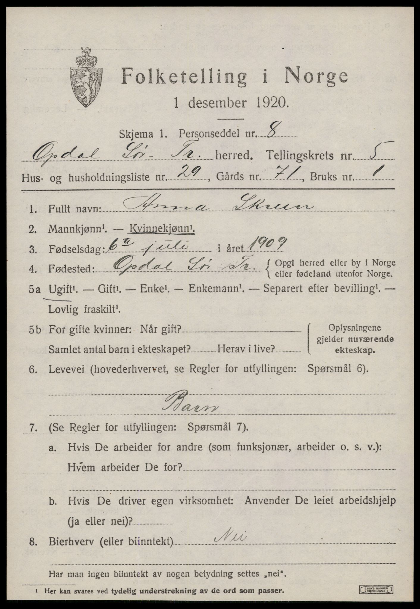 SAT, 1920 census for Oppdal, 1920, p. 5295