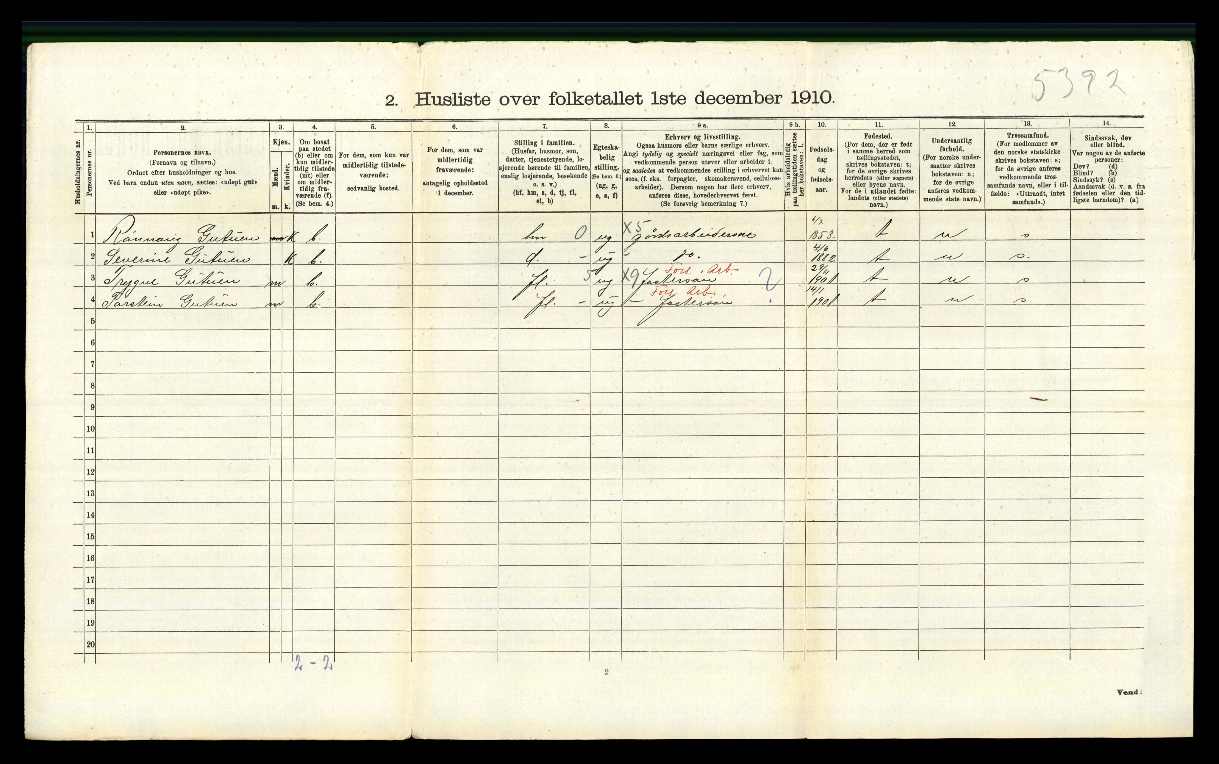 RA, 1910 census for Vestre Gausdal, 1910, p. 524