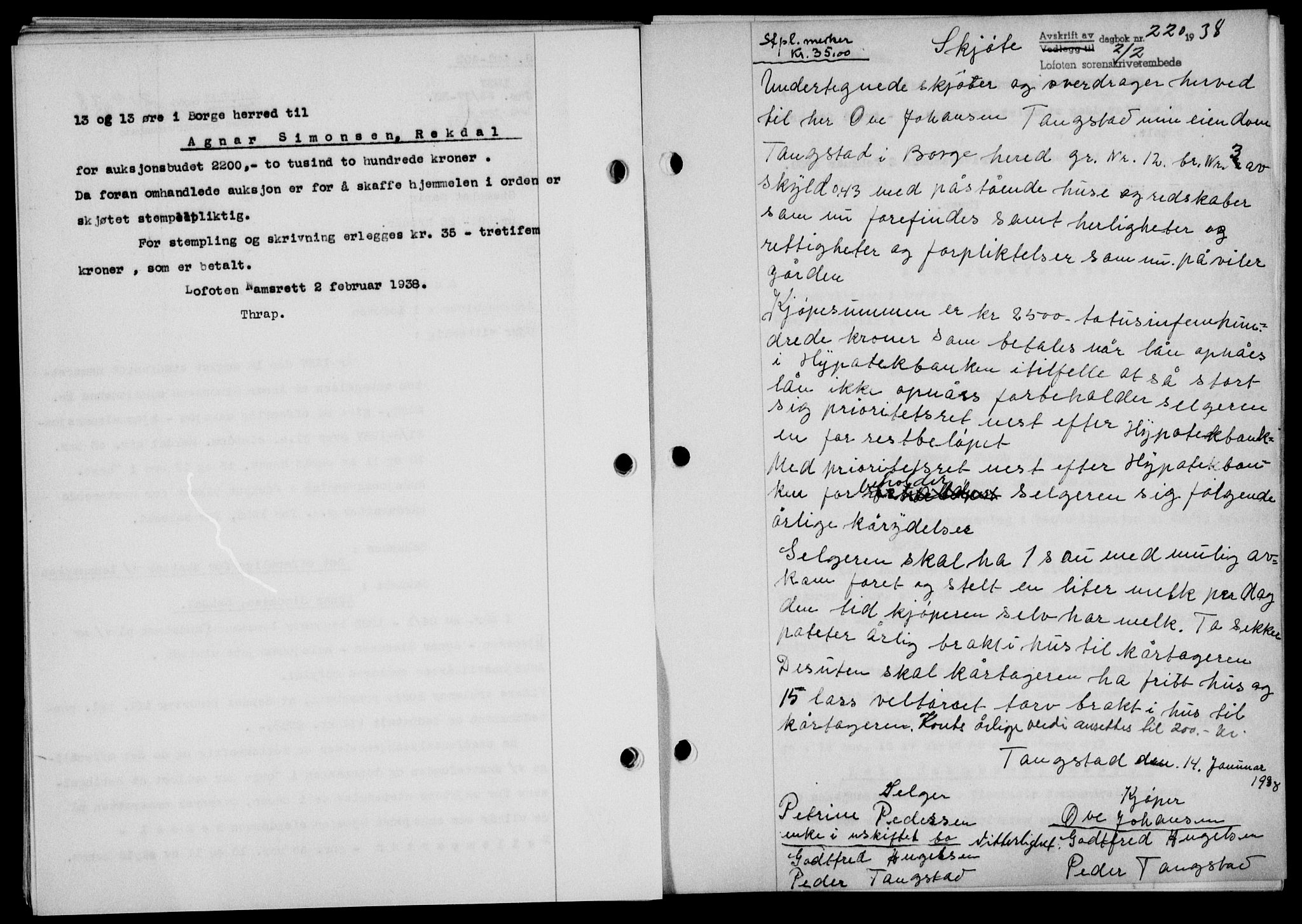 Lofoten sorenskriveri, SAT/A-0017/1/2/2C/L0003a: Mortgage book no. 3a, 1937-1938, Diary no: : 221/1938