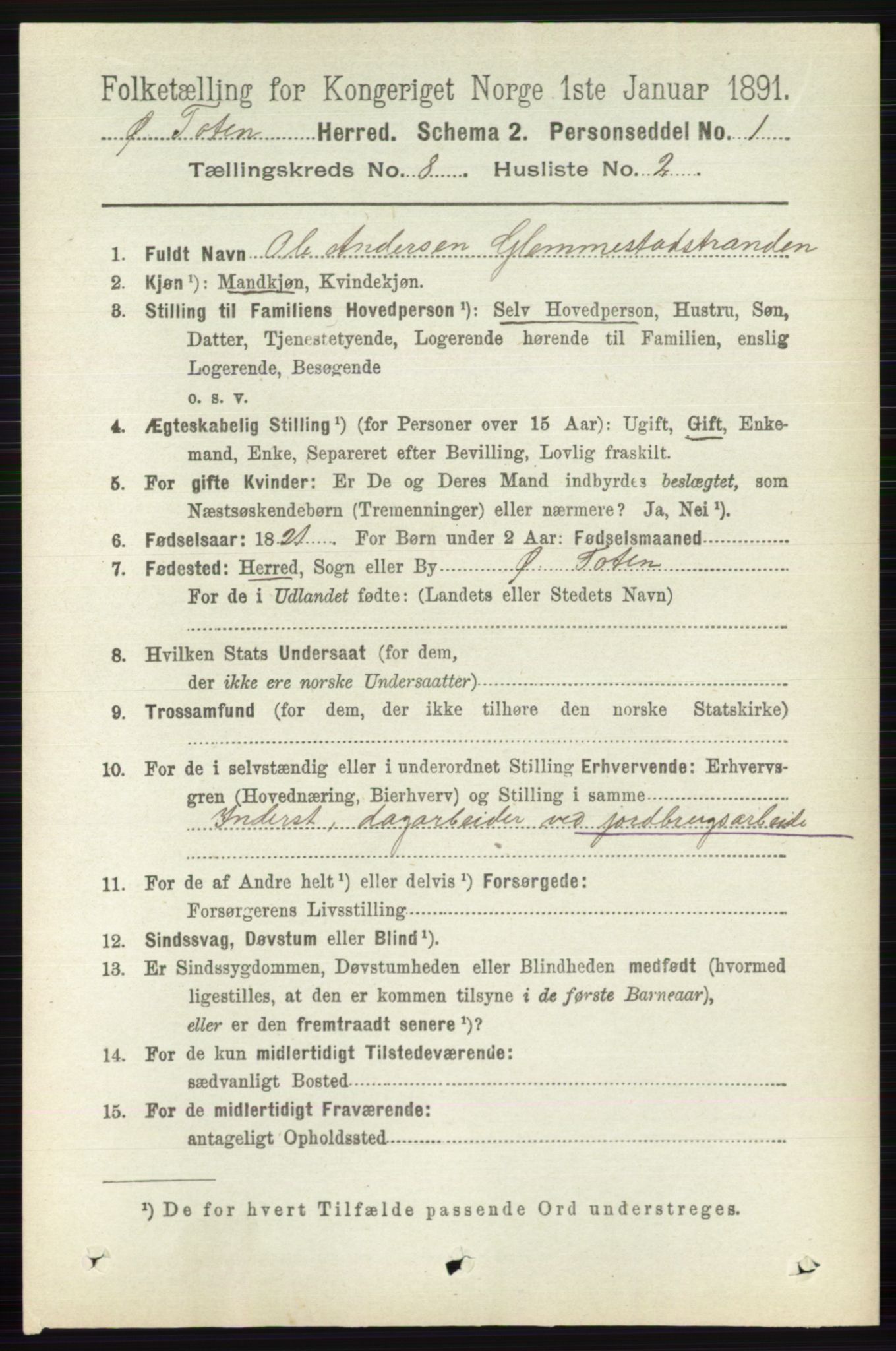 RA, 1891 census for 0528 Østre Toten, 1891, p. 5024