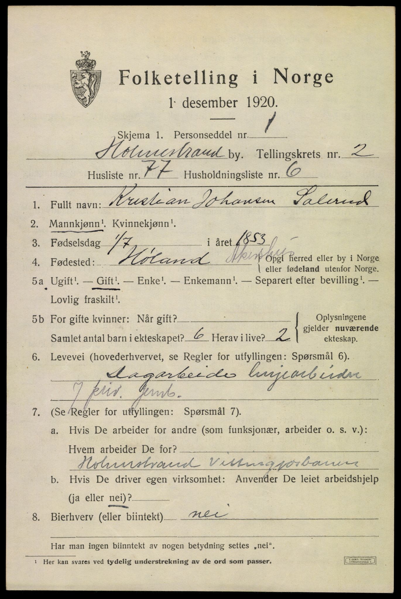 SAKO, 1920 census for Holmestrand, 1920, p. 3220