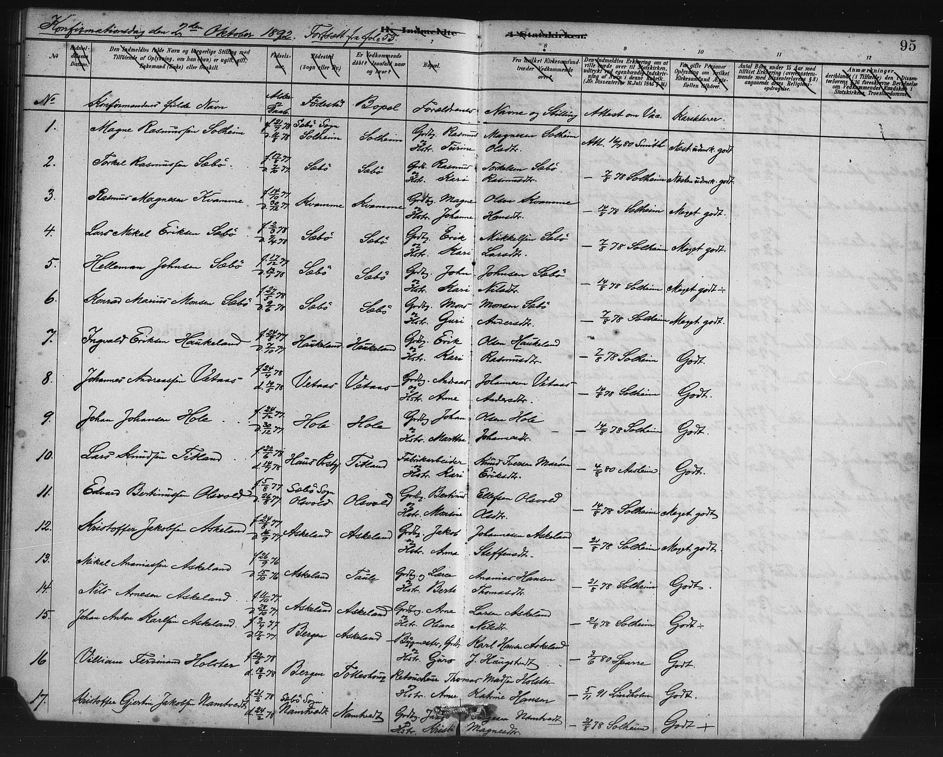 Manger sokneprestembete, SAB/A-76801/H/Haa: Parish register (official) no. D 1, 1881-1892, p. 95