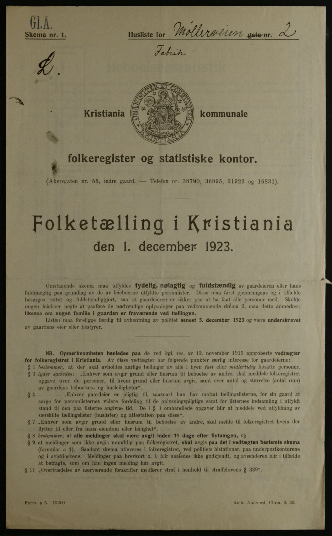 OBA, Municipal Census 1923 for Kristiania, 1923, p. 76001