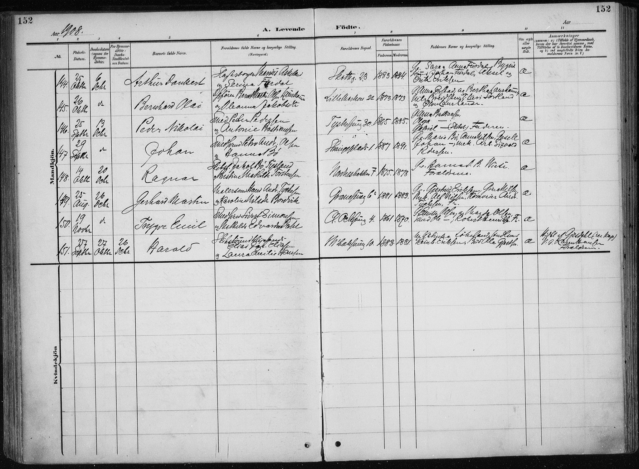 Nykirken Sokneprestembete, AV/SAB-A-77101/H/Haa/L0019: Parish register (official) no. B 7, 1904-1916, p. 152