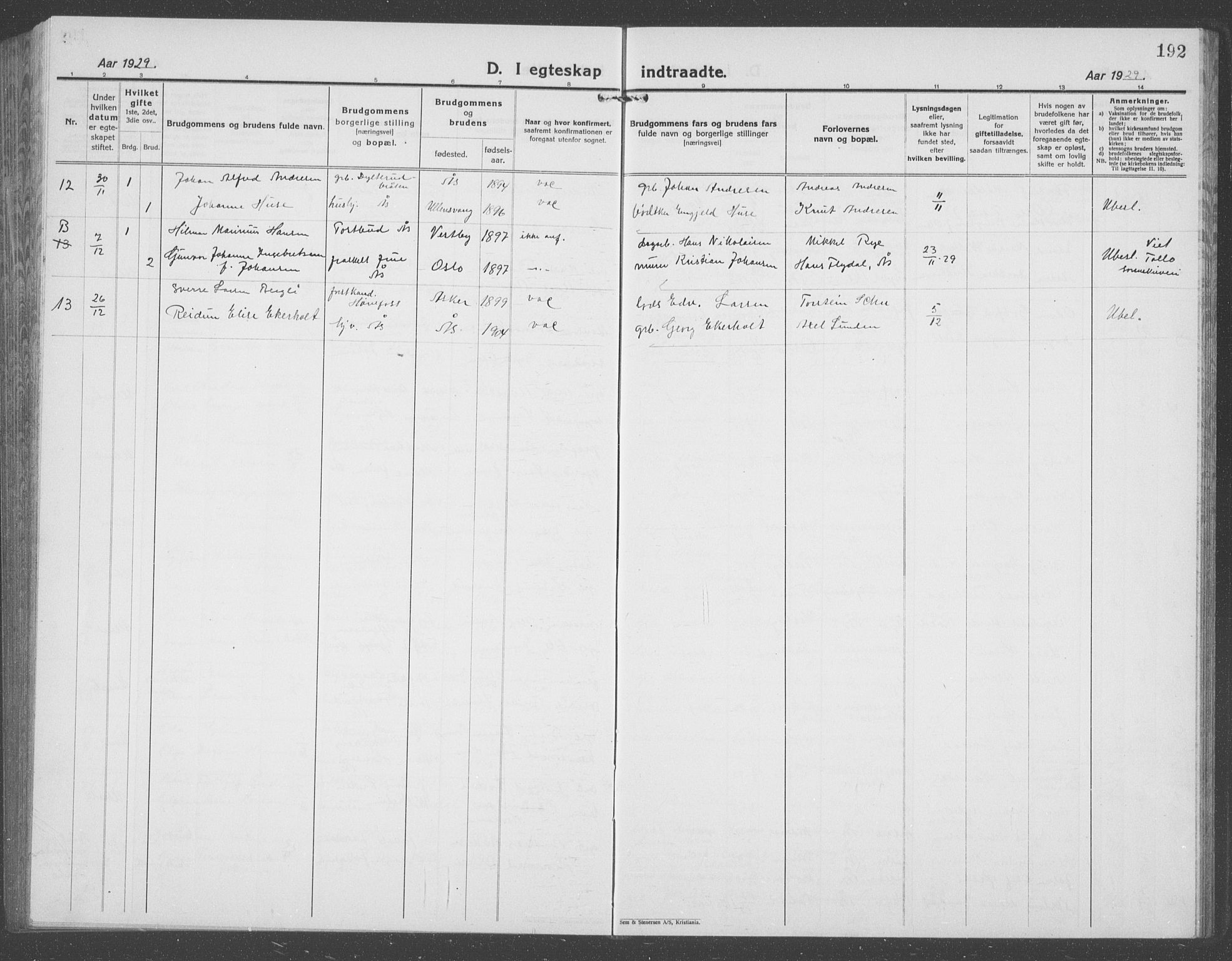 Ås prestekontor Kirkebøker, AV/SAO-A-10894/G/Ga/L0006: Parish register (copy) no. I 6, 1925-1940, p. 192