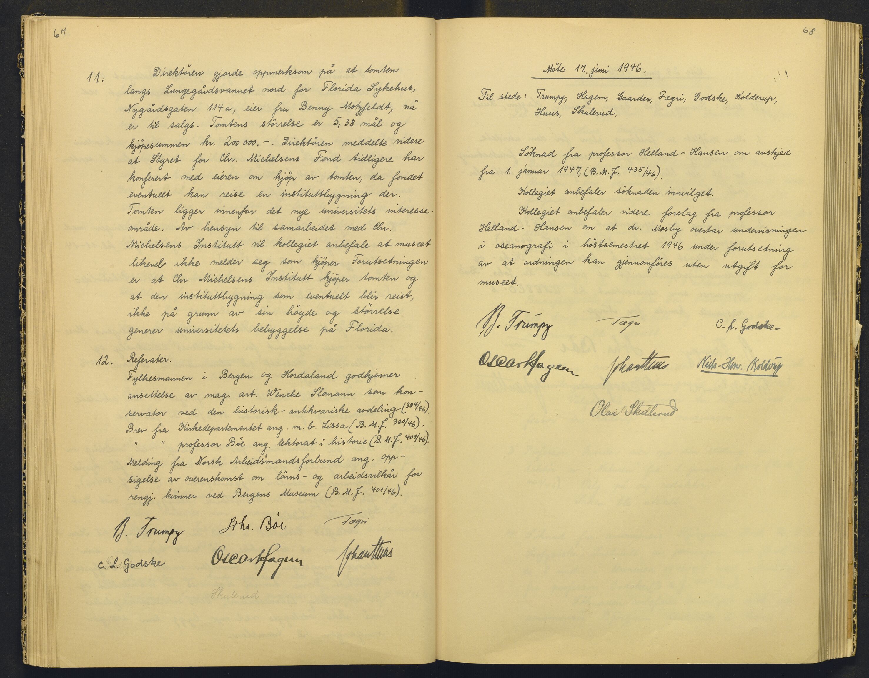 Bergens Museum, AV/SAB-A-17301/18/A/L0004: Professorkollegiets møtebok med register , 1945-1949, p. 67-68