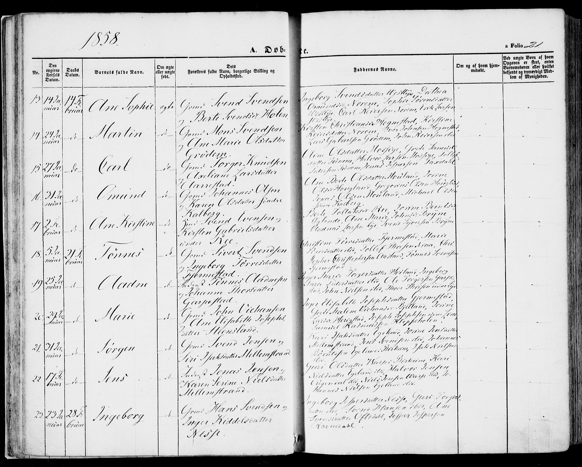 Lye sokneprestkontor, SAST/A-101794/001/30BA/L0007: Parish register (official) no. A 6, 1856-1871, p. 21