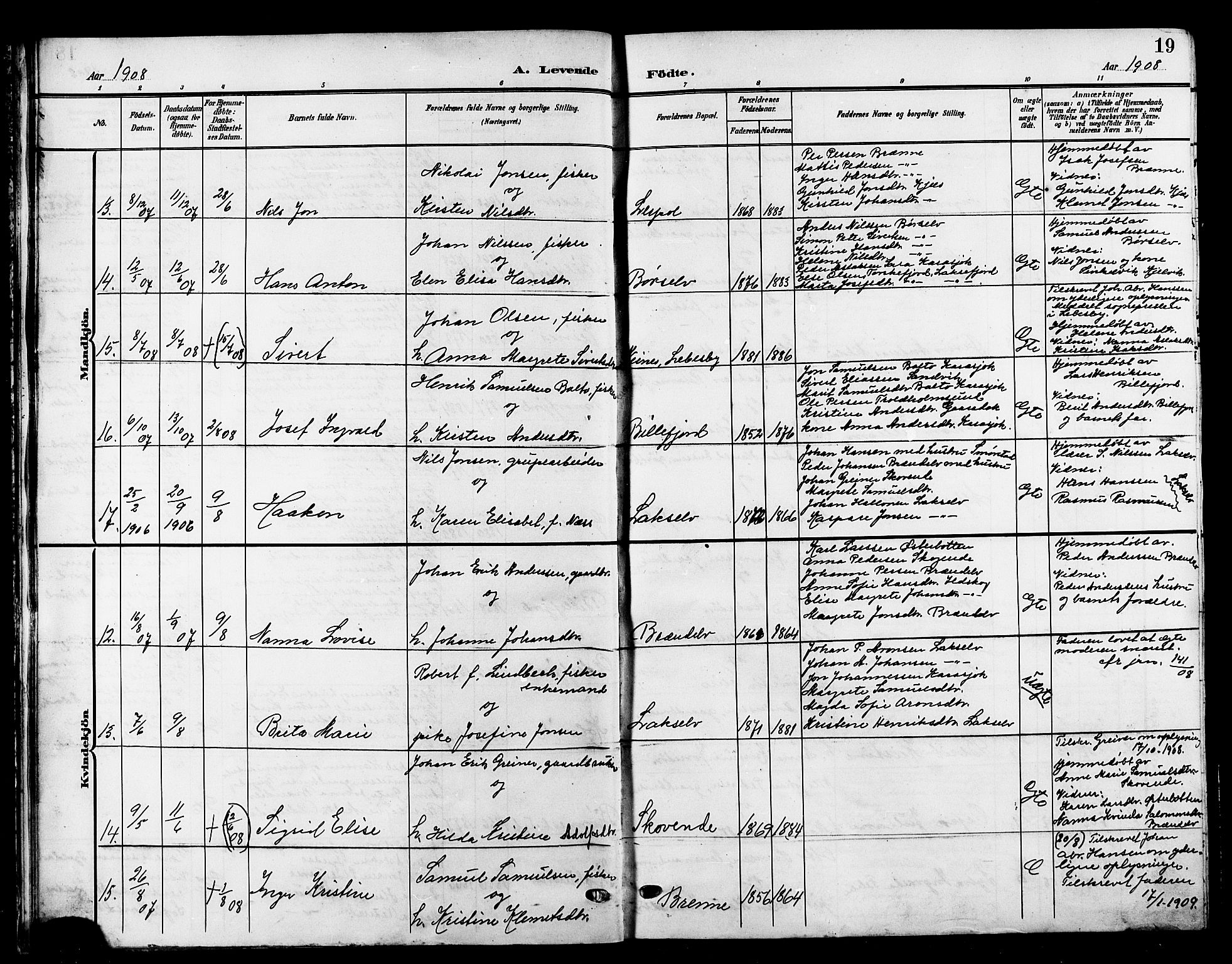 Kistrand/Porsanger sokneprestembete, AV/SATØ-S-1351/H/Hb/L0006.klokk: Parish register (copy) no. 6, 1905-1917, p. 19